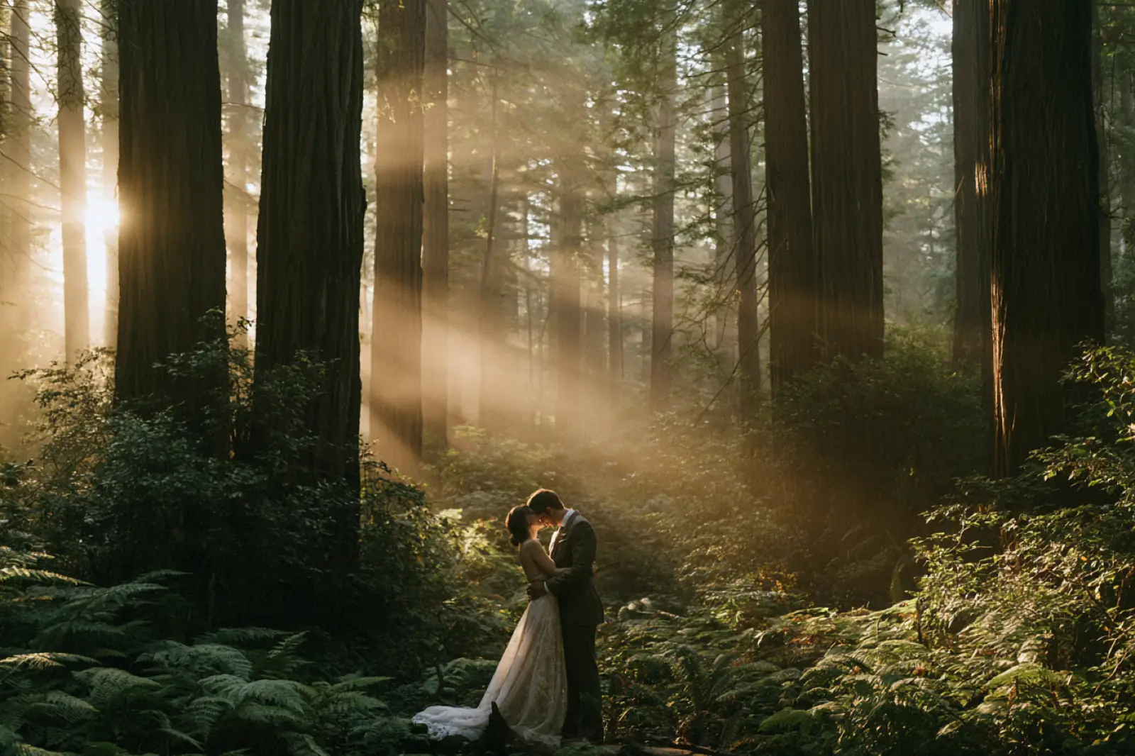 A couple small among tall trees, with sunbeams through the forest