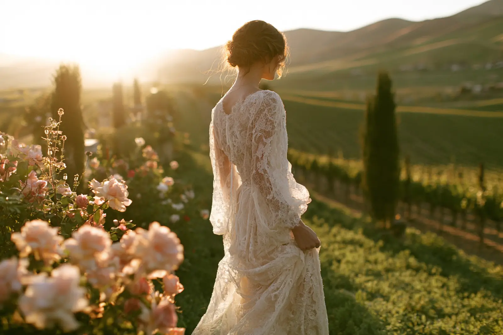 A bride among pink roses above a vineyard at sunset