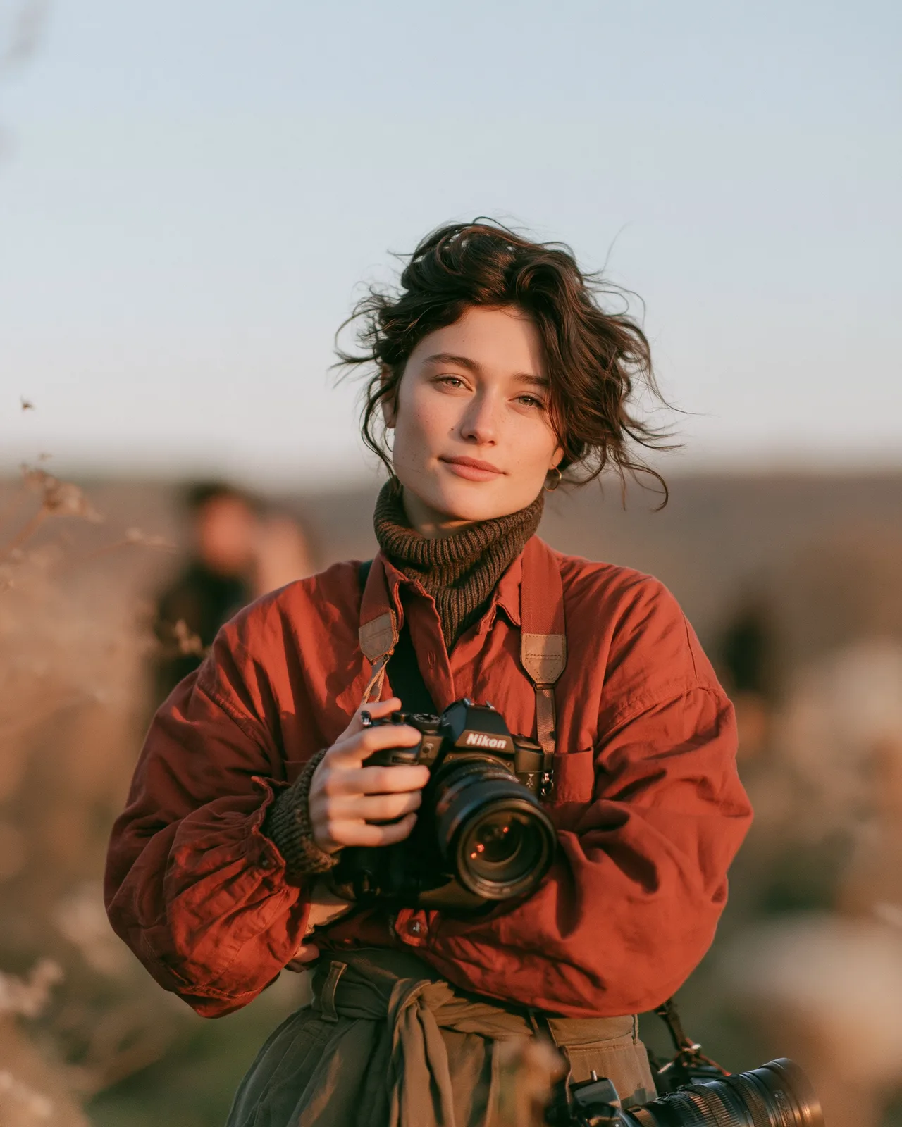 A photographer holding a camera in a field of dry grass at golden hour