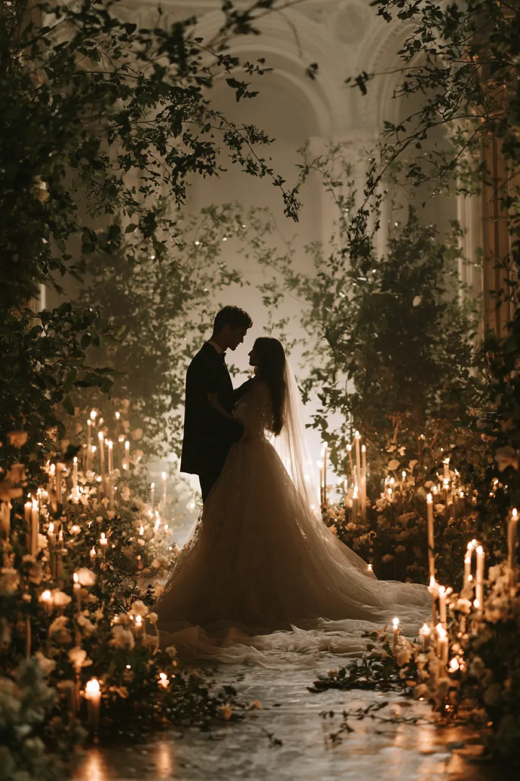 A couple holding each other in a garden lit by candles
