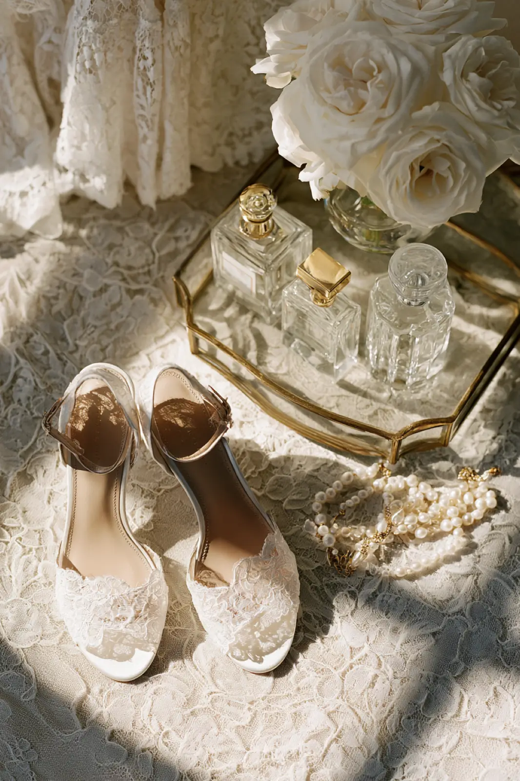 Bridal shoes, rings and white roses laid out on lace