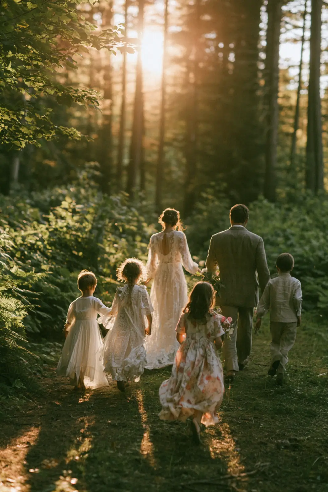 The couple walking with their families through a sunlit forest