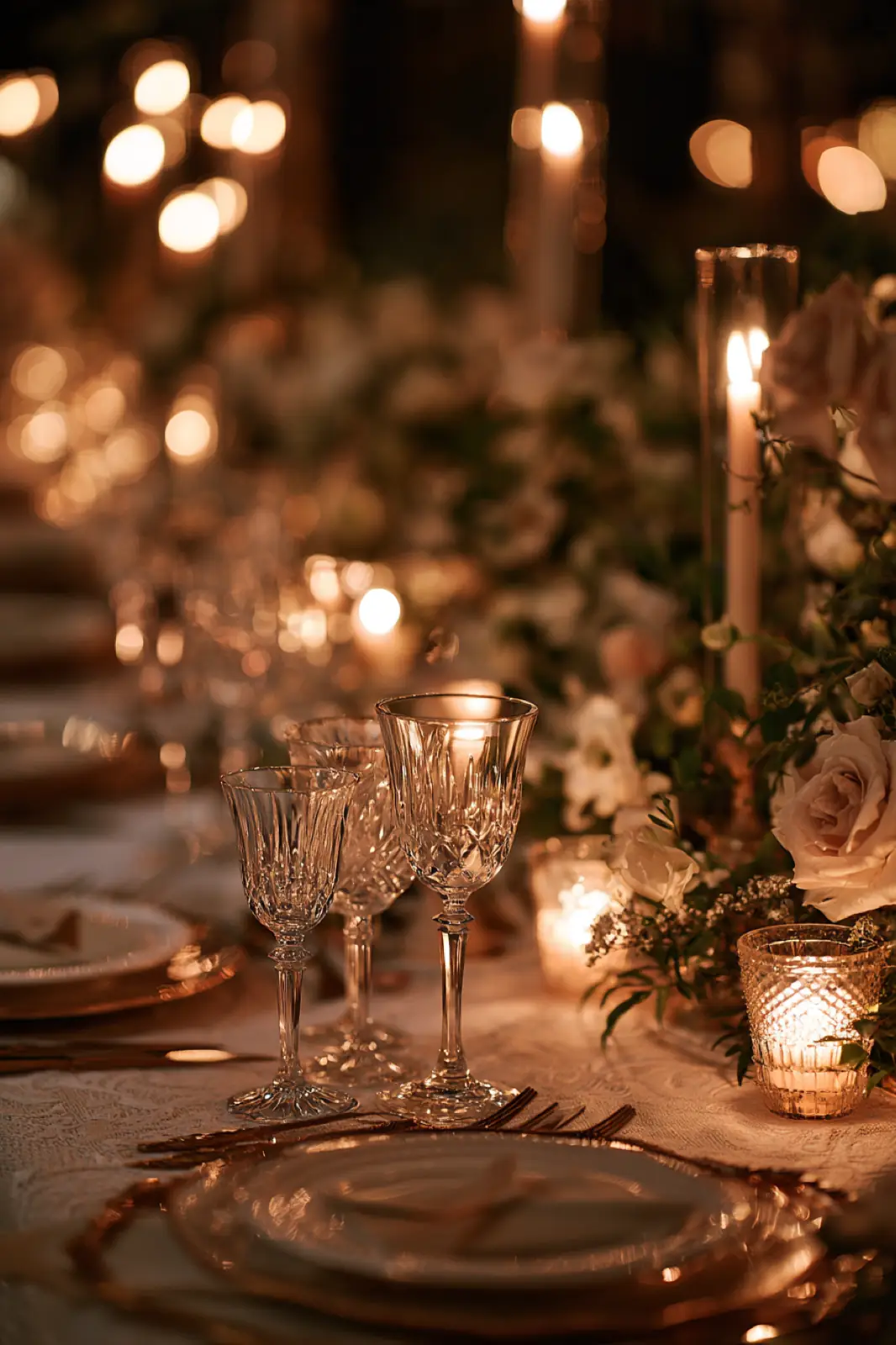 A candlelit dinner table set with glasses and flowers