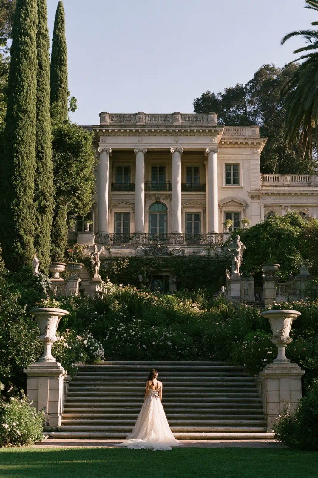A bride on the steps of a pale villa between dark cypress trees