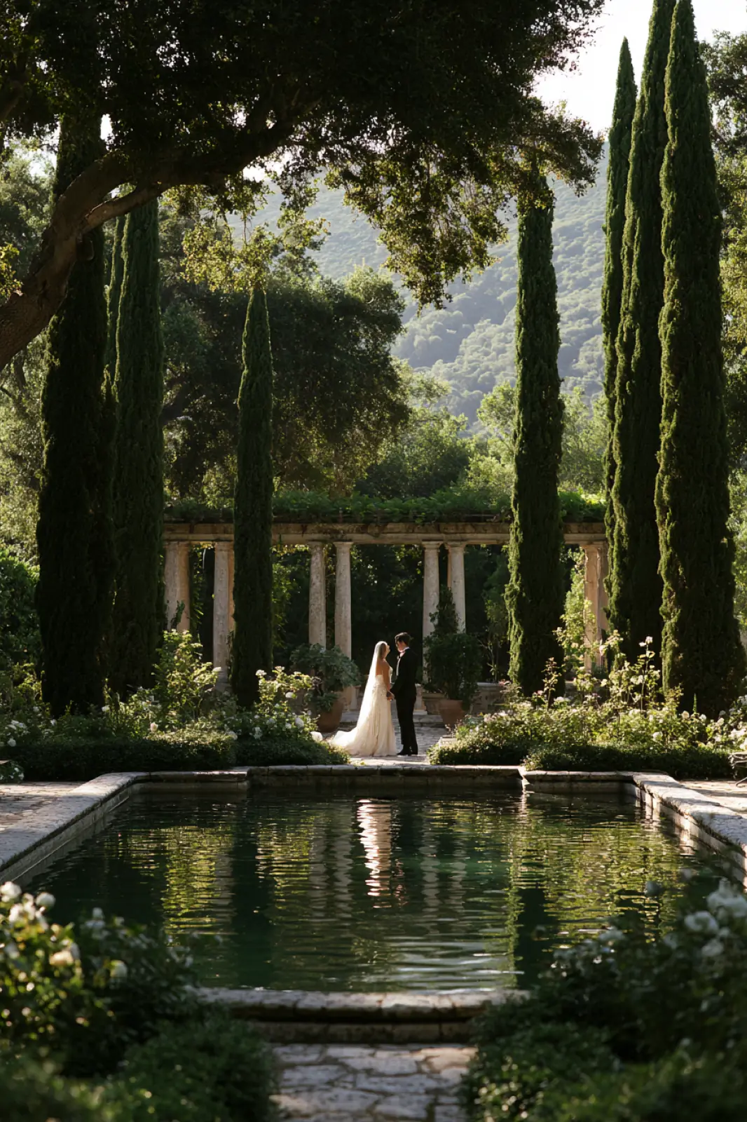 A bride beside a reflecting pool between tall cypress trees