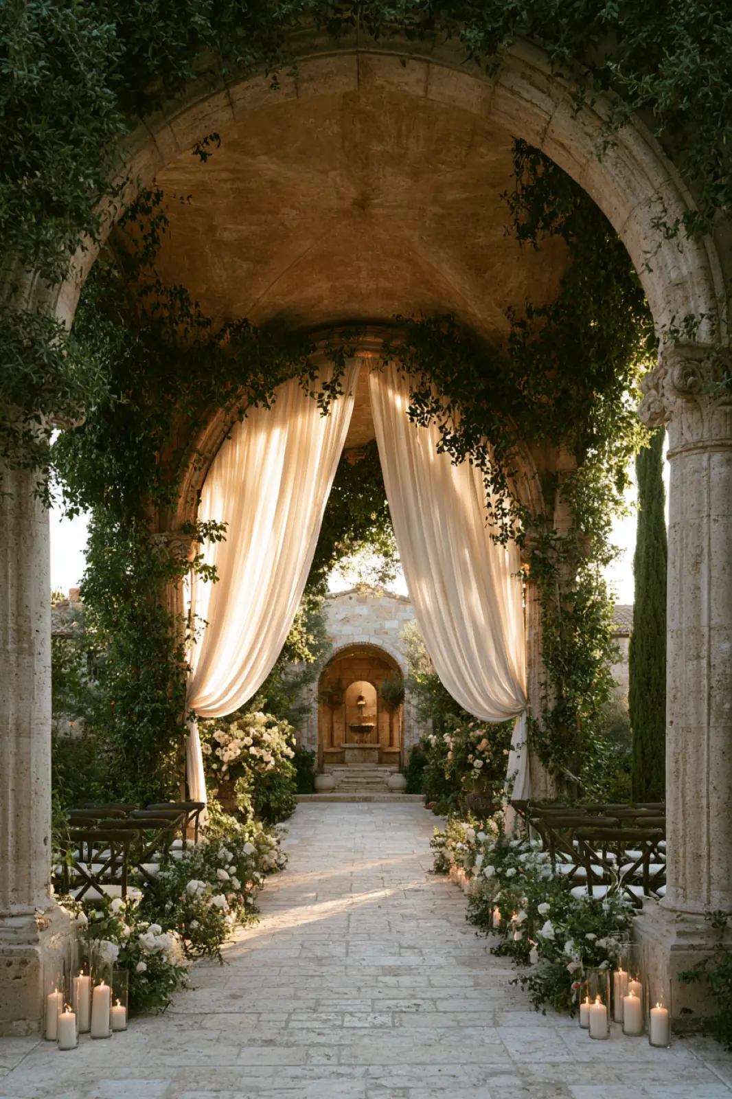 A stone archway hung with white curtains, the ceremony beyond it