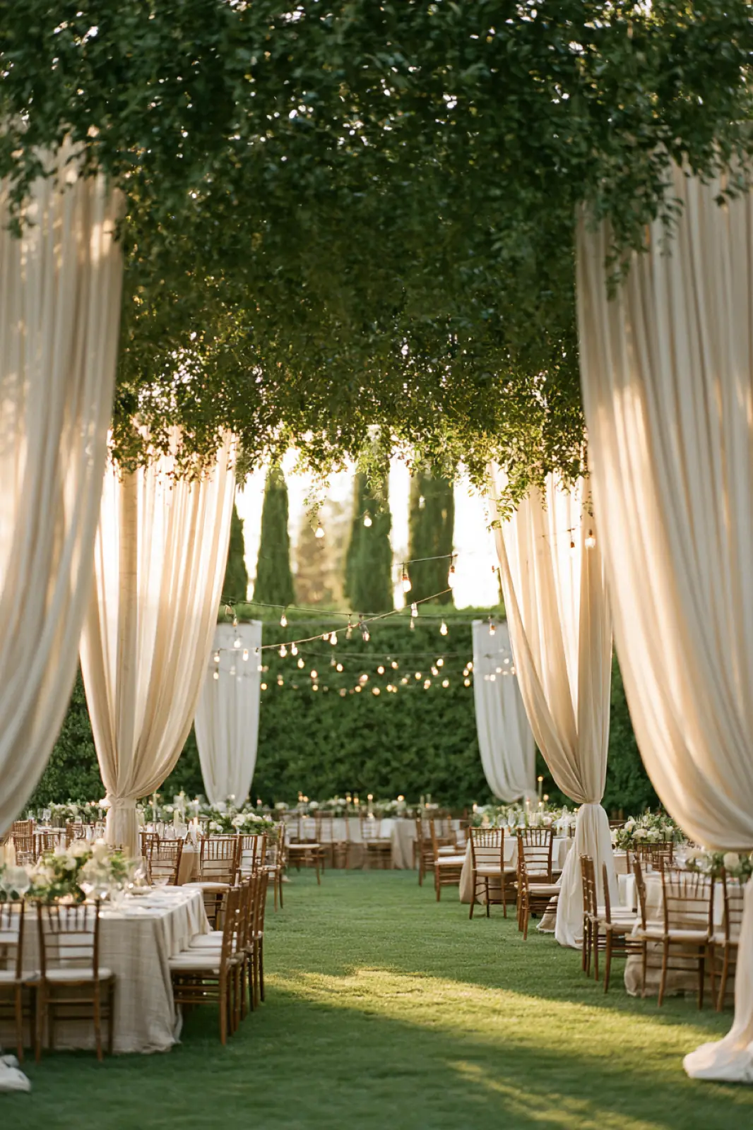 A garden laid for dinner beneath white drapes and greenery
