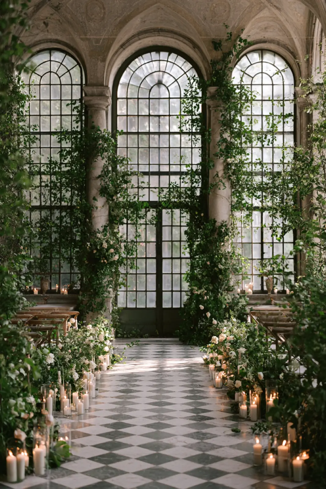 An aisle of candles and greenery under tall arched windows