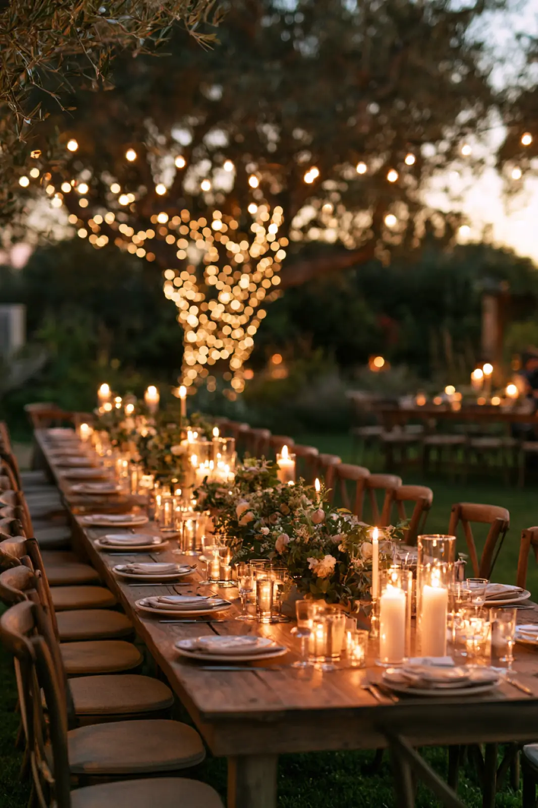 A long reception table under strings of warm lights