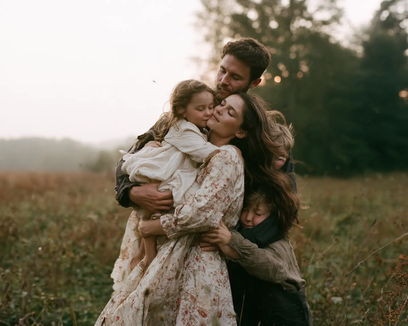 A couple holding their daughter in a field at dusk