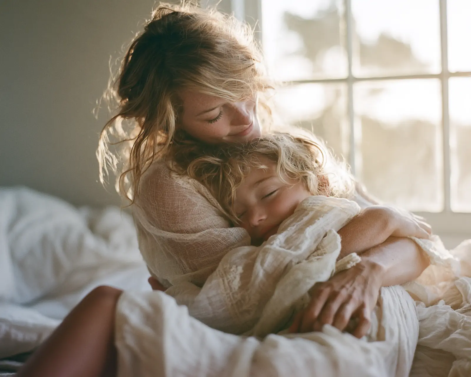 A parent holding a sleeping baby near a window