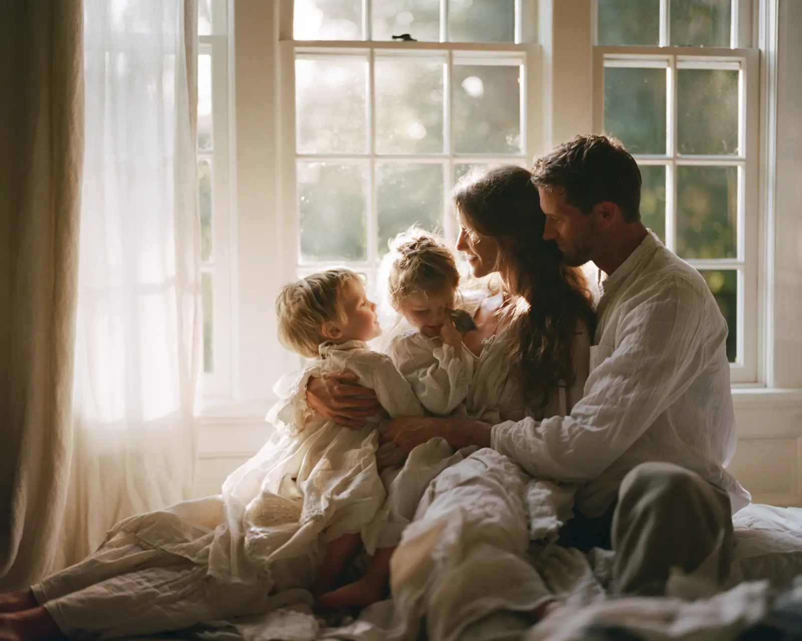 A family gathered in soft window light at home