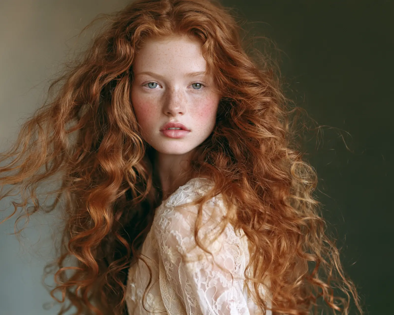 A girl with long red hair, close