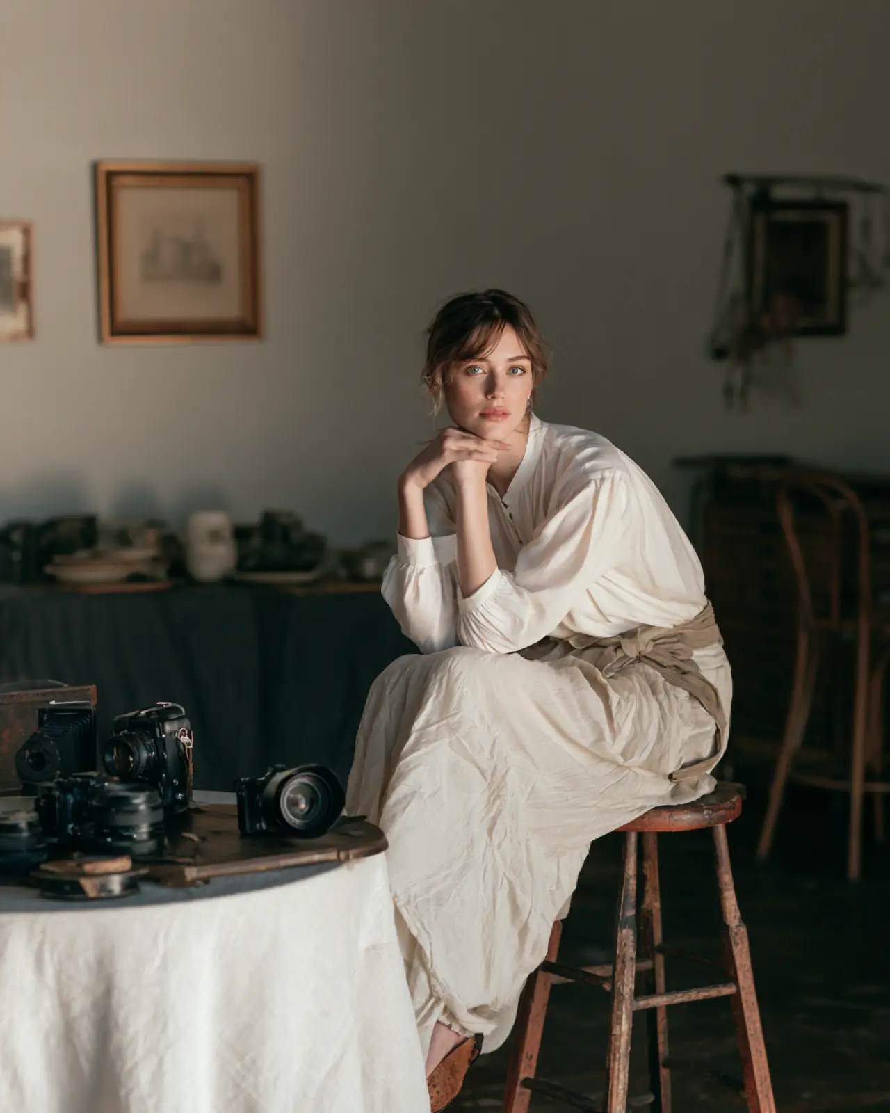 A photographer seated on a stool by a table of cameras