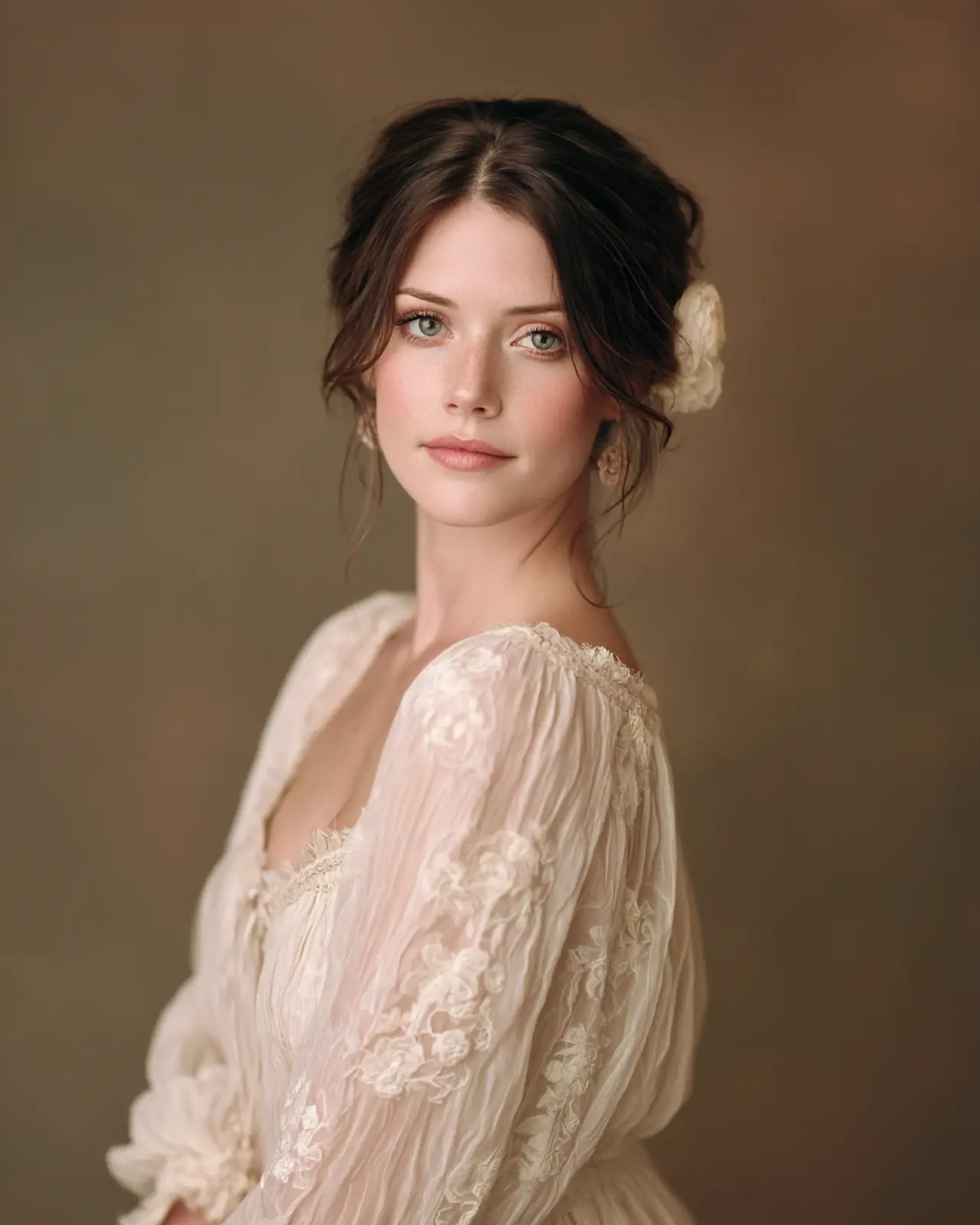 A girl in a white lace dress indoors