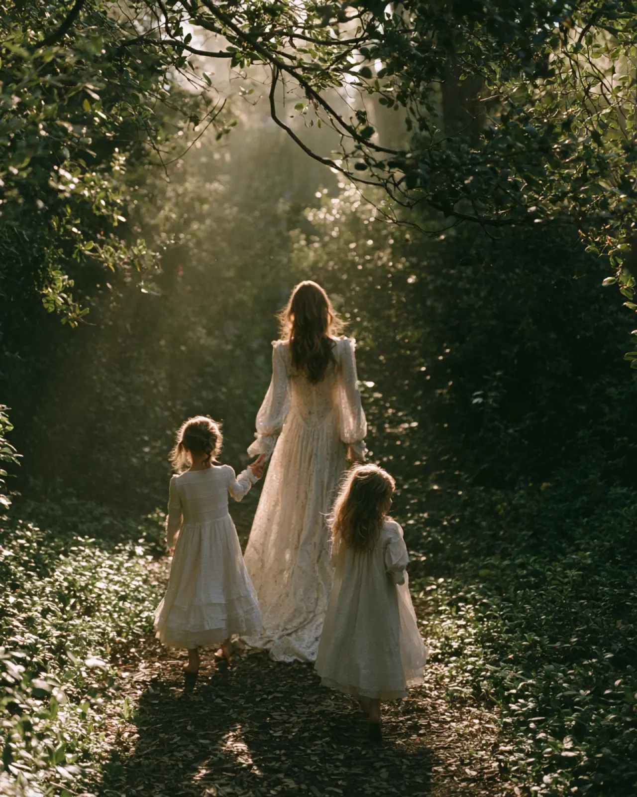 A mother and her daughters walking into the woods