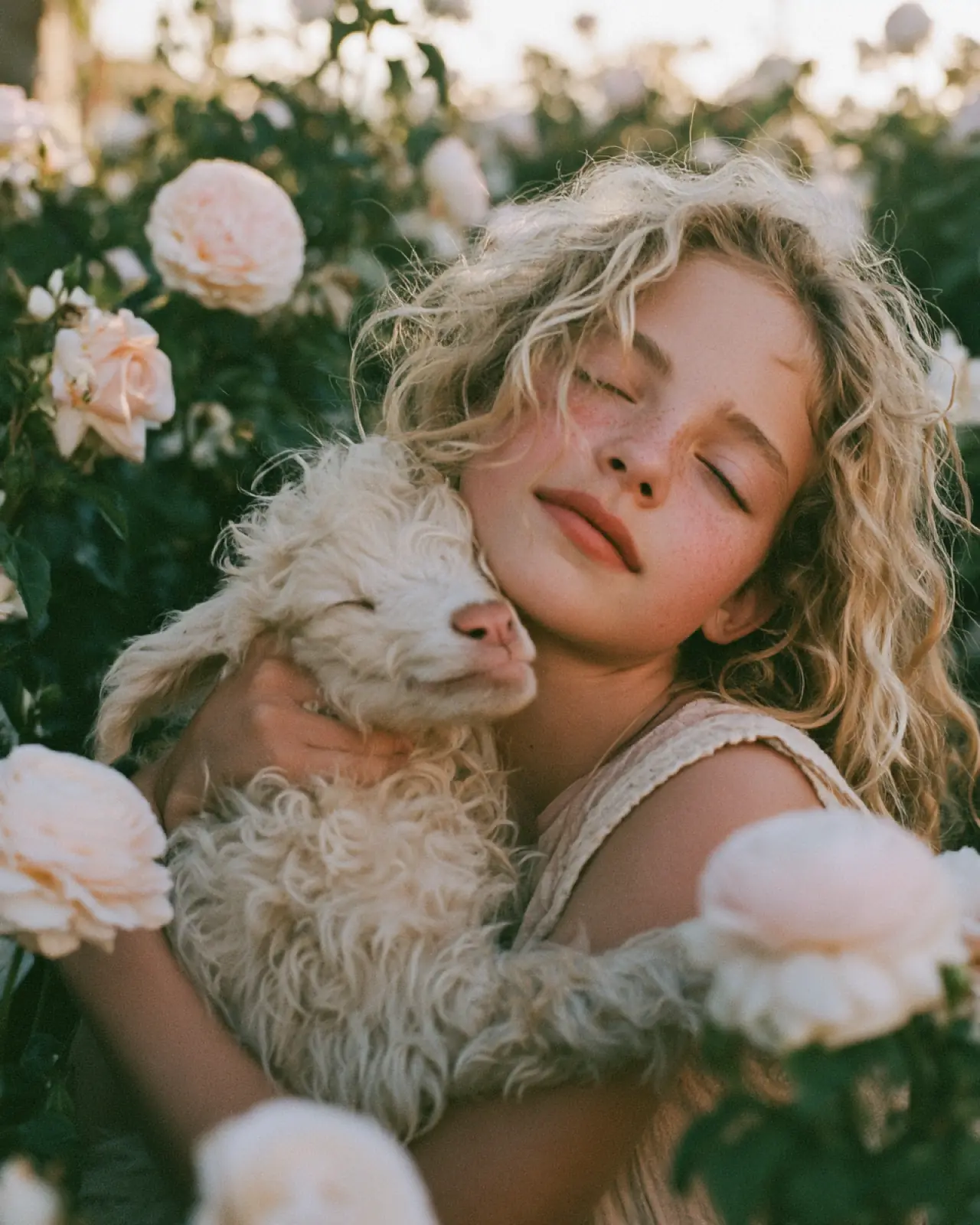 A girl with her eyes closed holding a lamb among roses