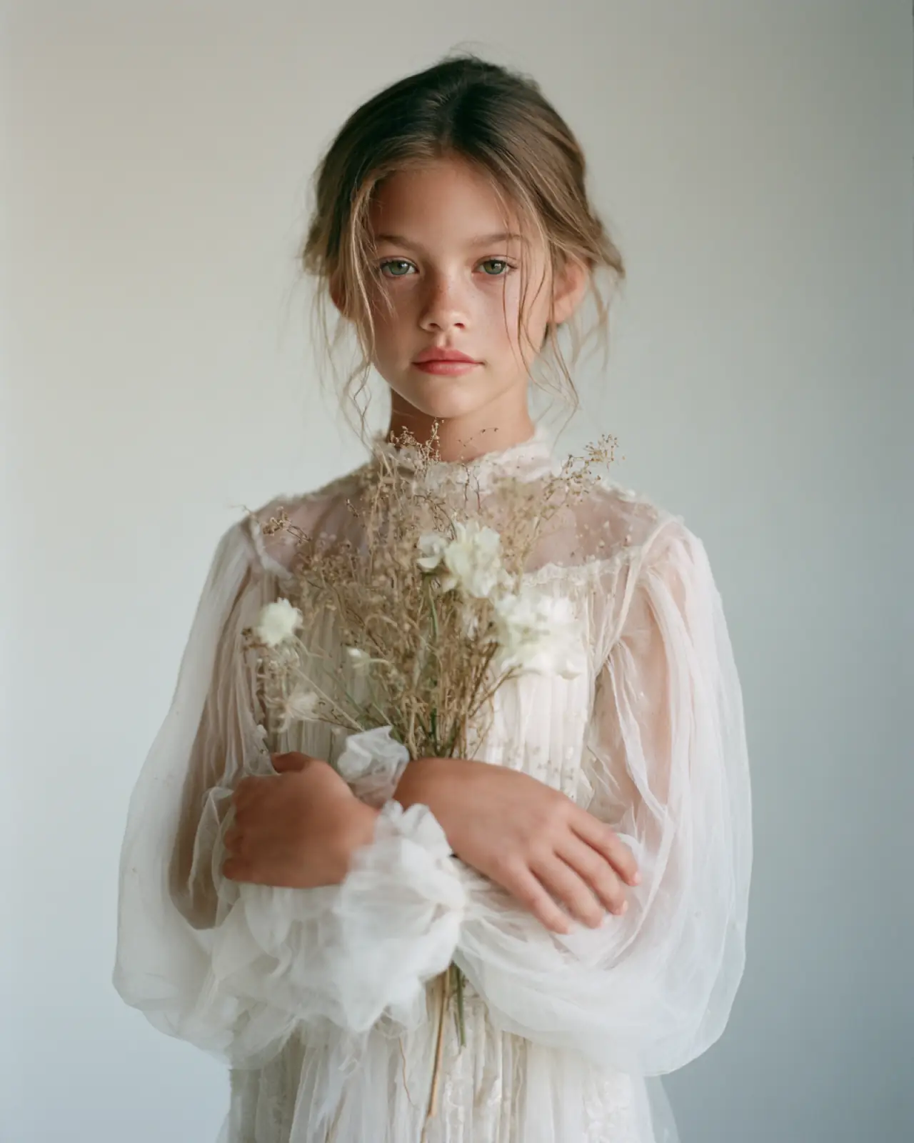 A girl in a white dress holding a bunch of dried flowers