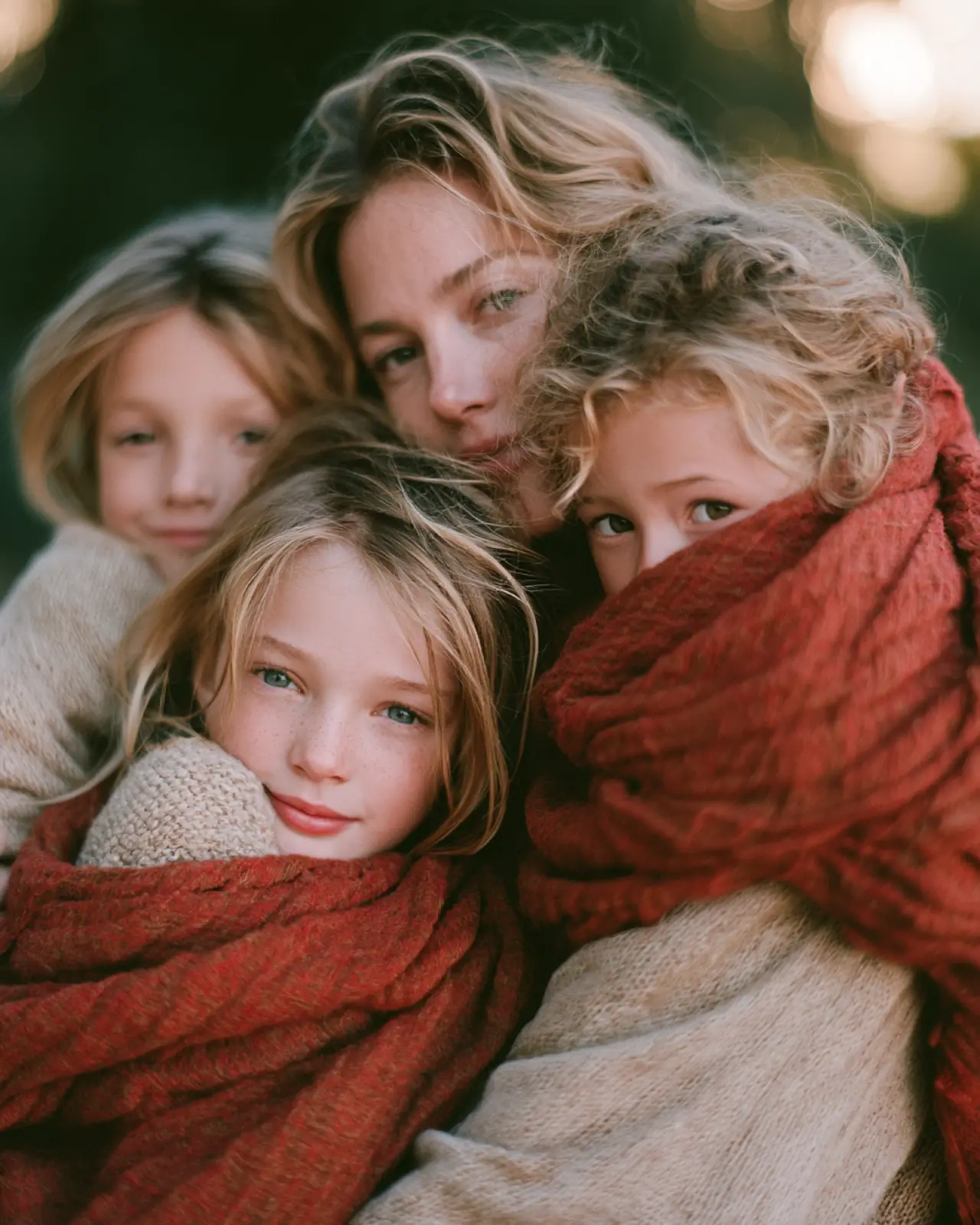 Three children wrapped in blankets, close