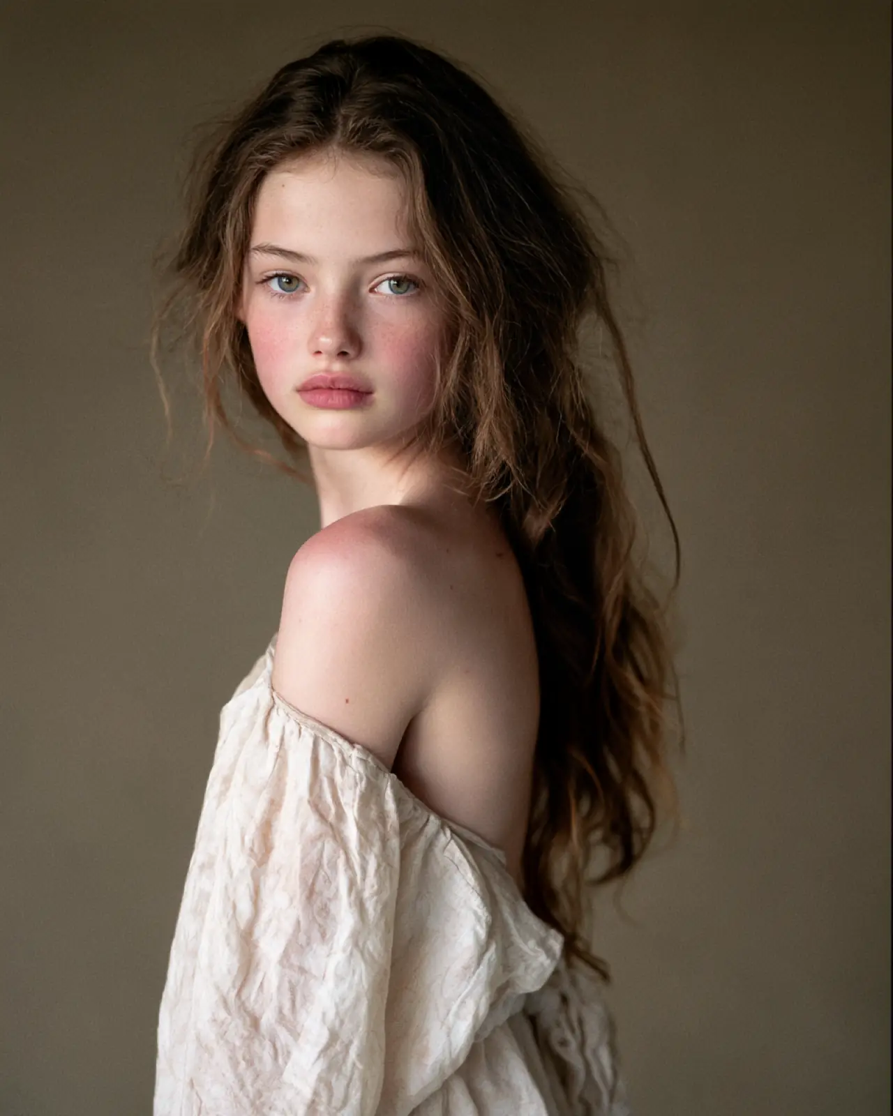 A young woman in a white blouse, looking back
