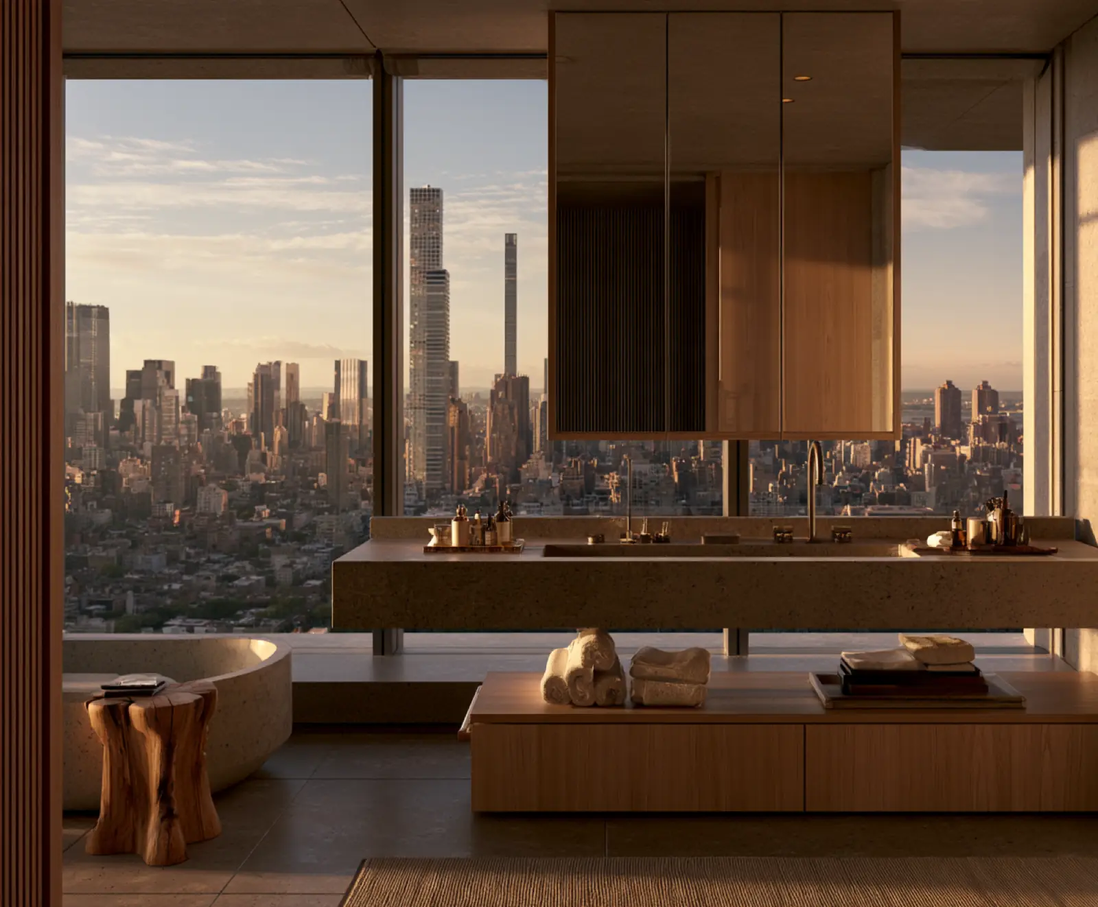 A kitchen island under a wall of city windows