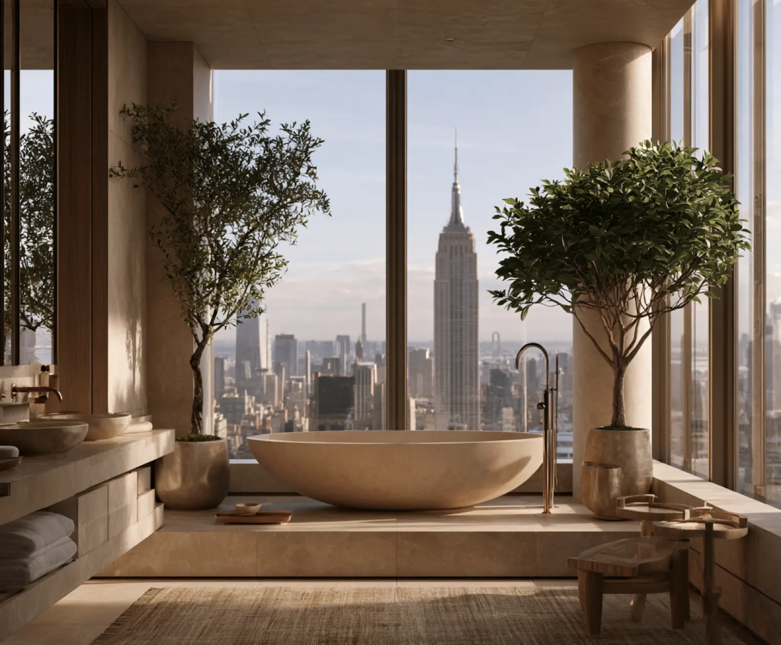 A bath beside a panoramic city window