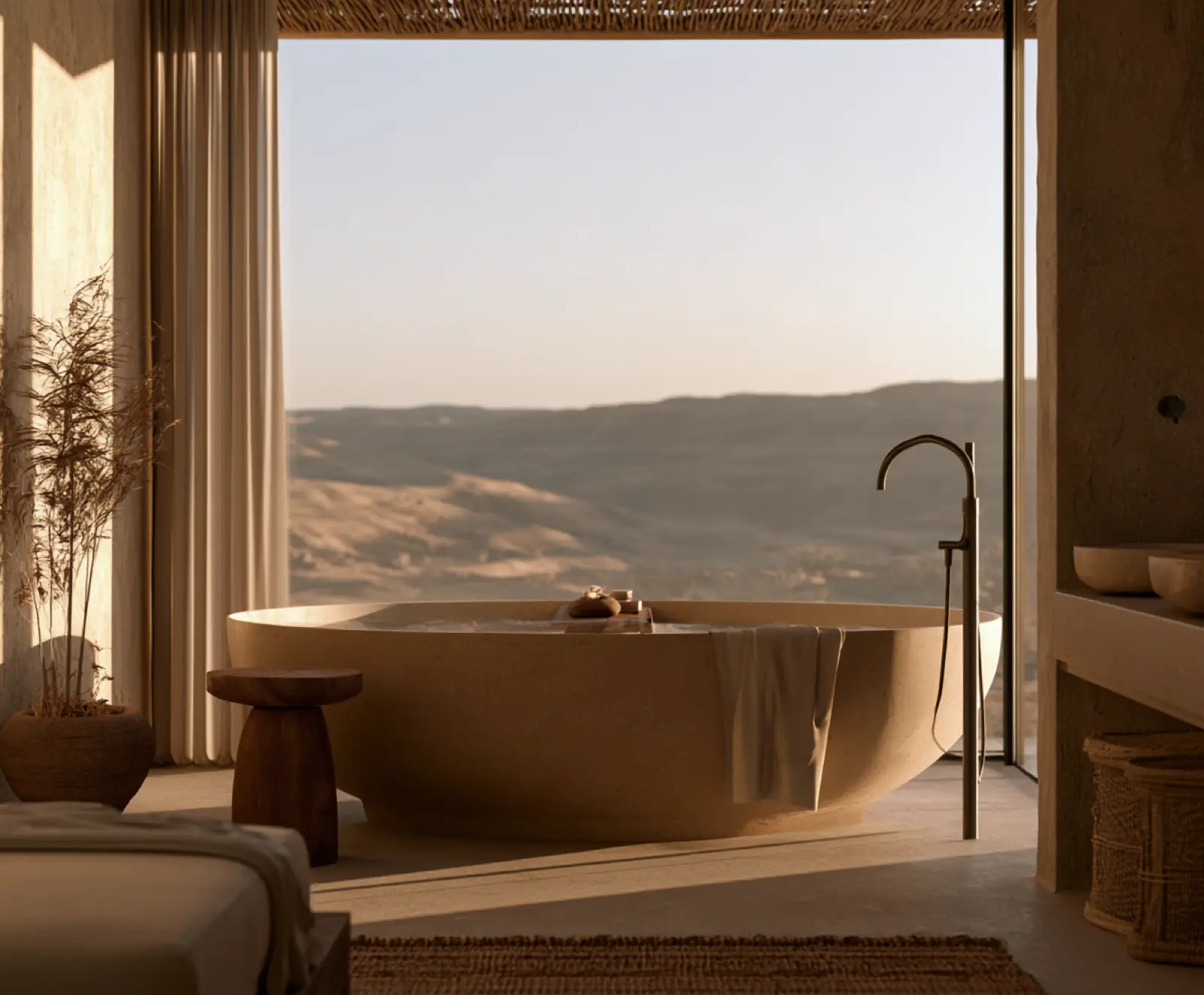 A bath on a terrace, the hills at dawn