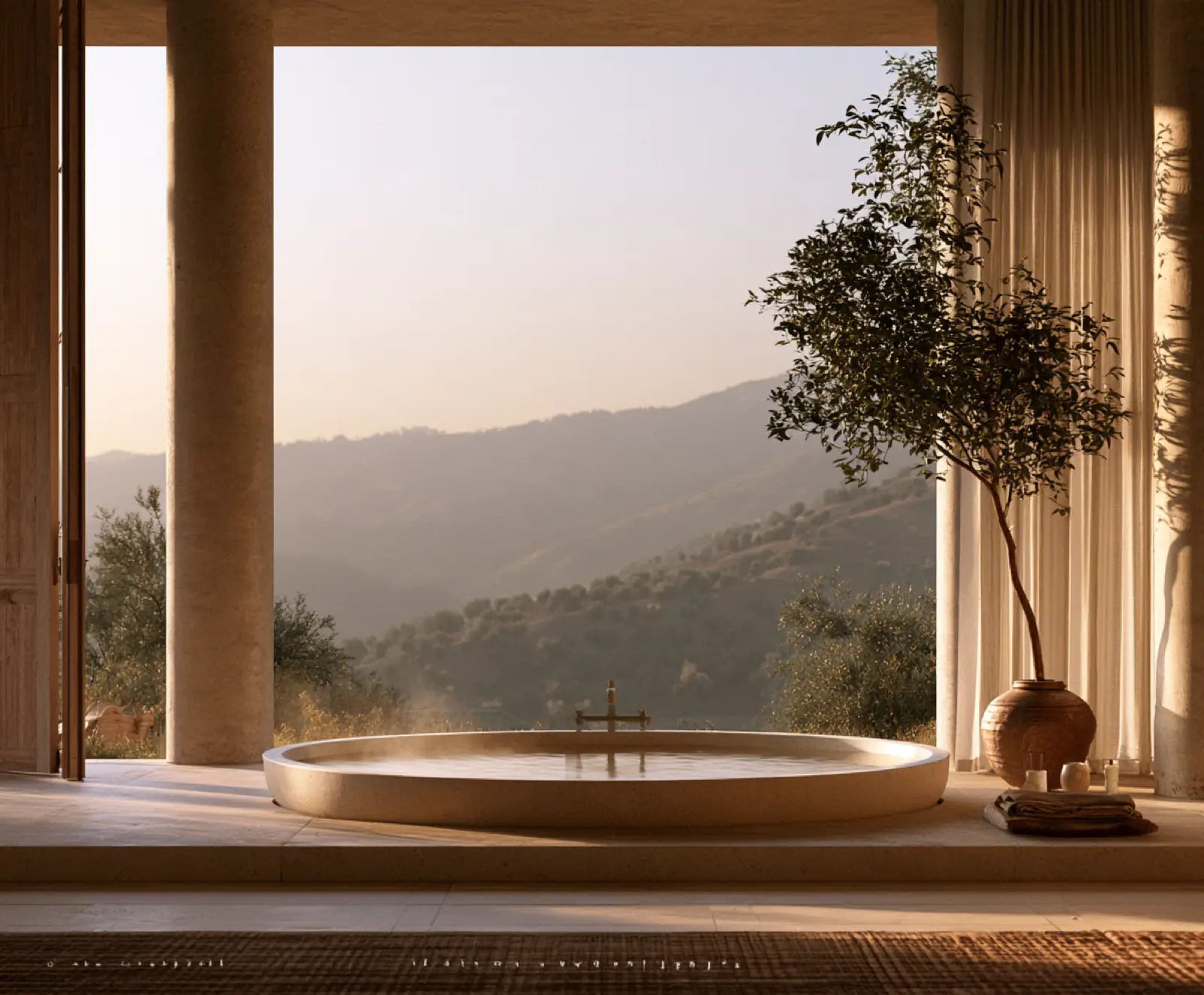 A bath set into an open window over the hills at dusk