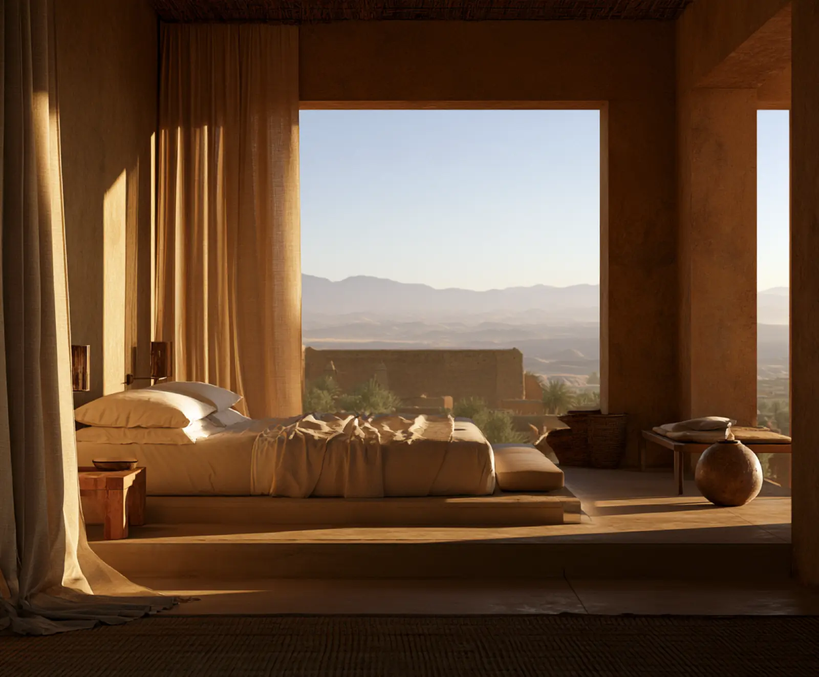 A sunlit bedroom overlooking hills