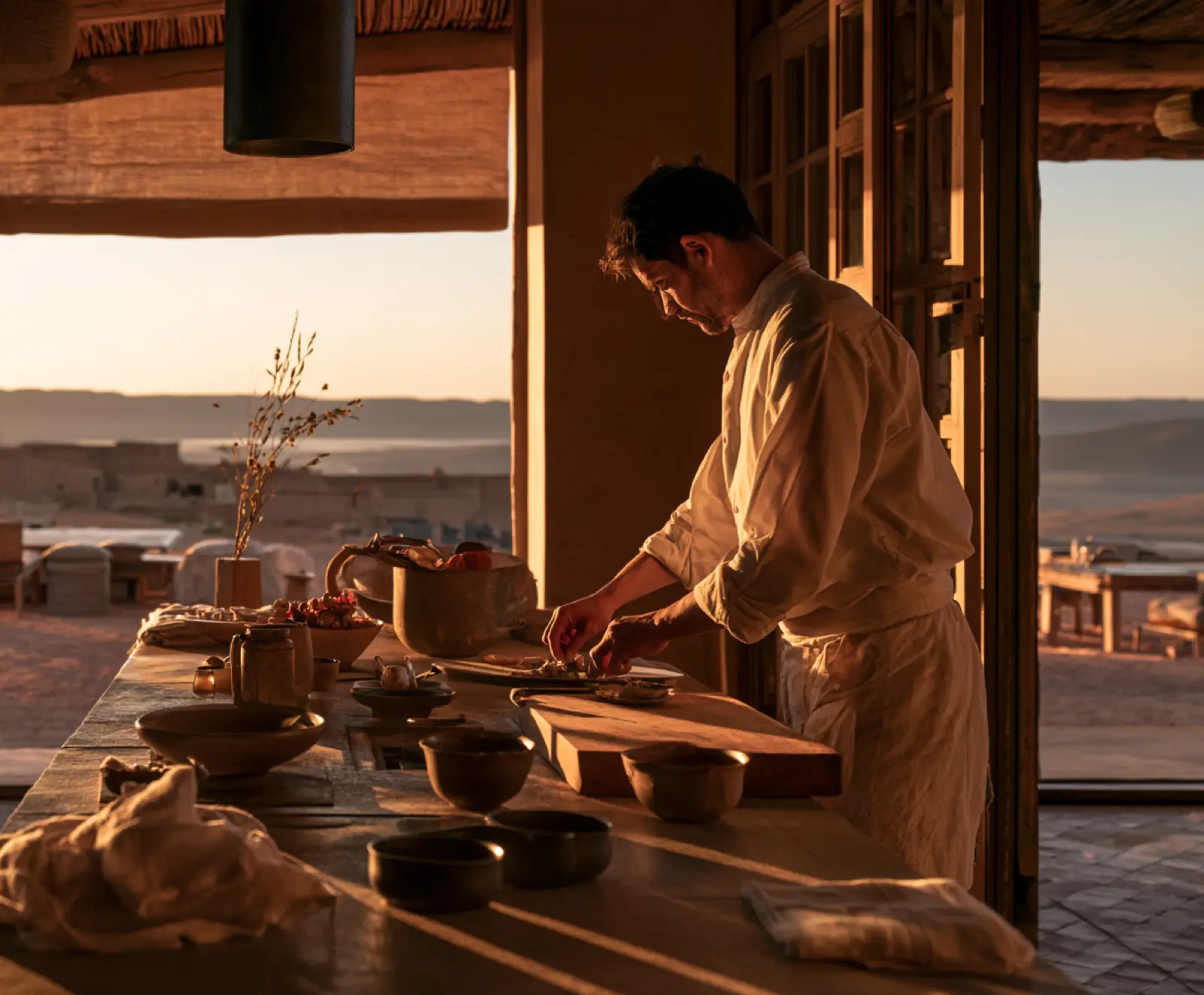 A cook at a wooden bench by an open window at dusk