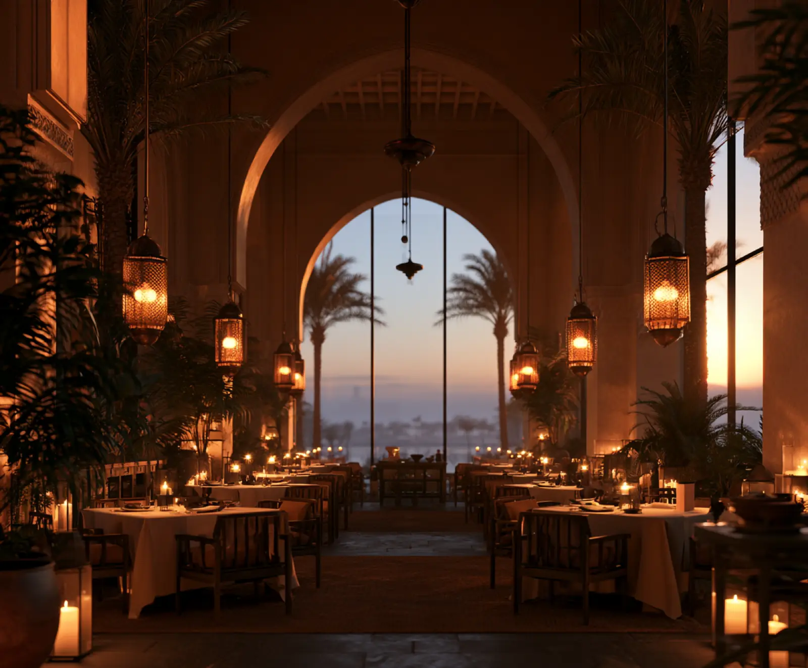 A restaurant under arches, the lanterns lit for the evening