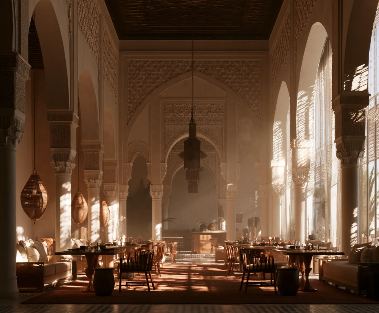 A dining hall of pale arches at dusk