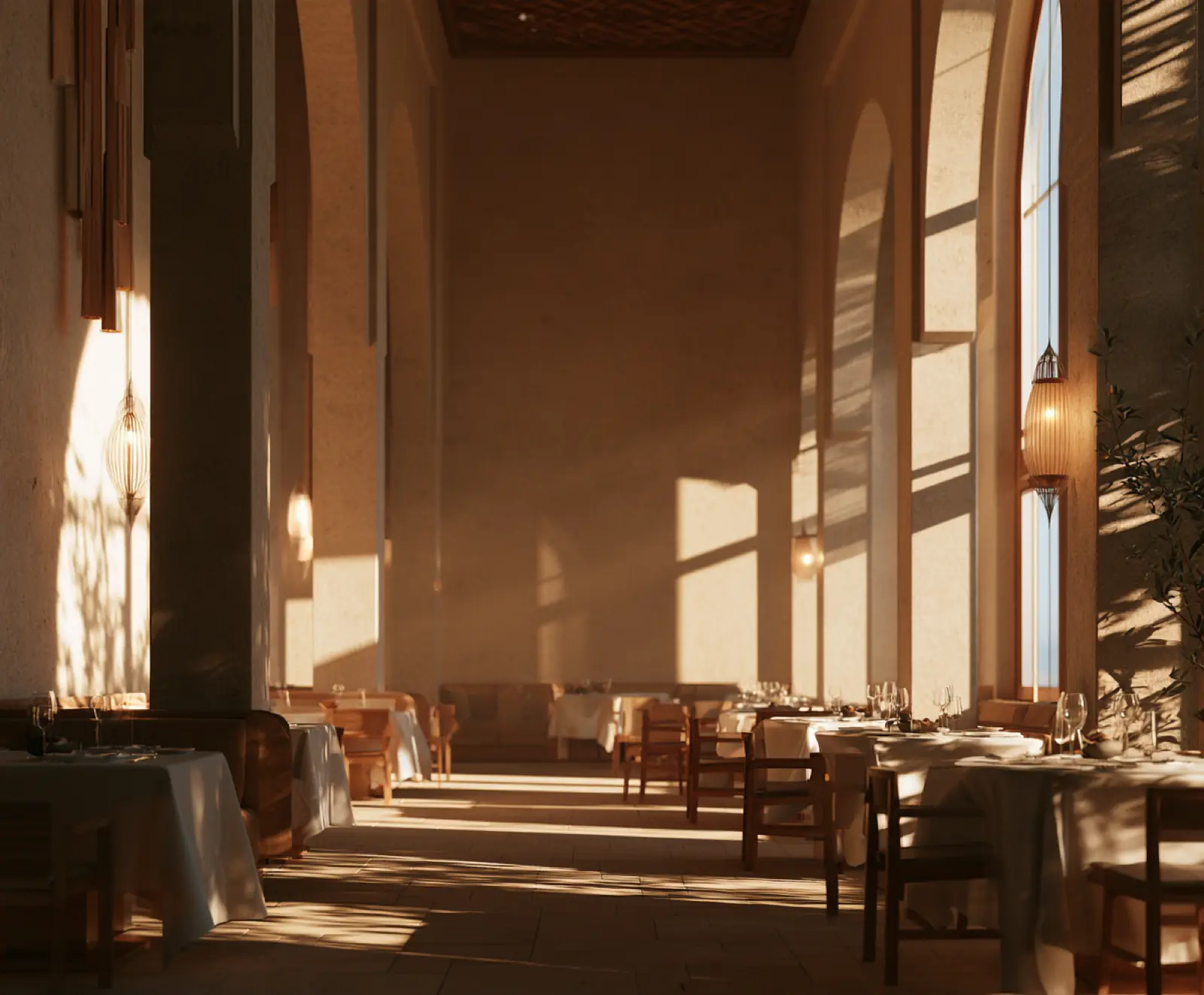 Tall windows admitting warm light