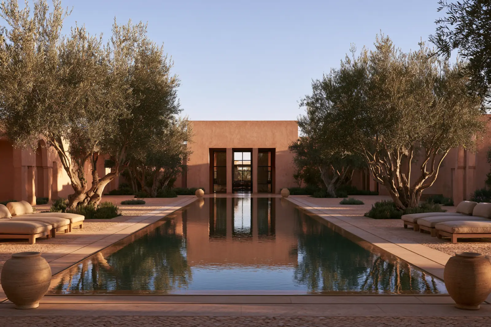 A courtyard pool between two pink walls