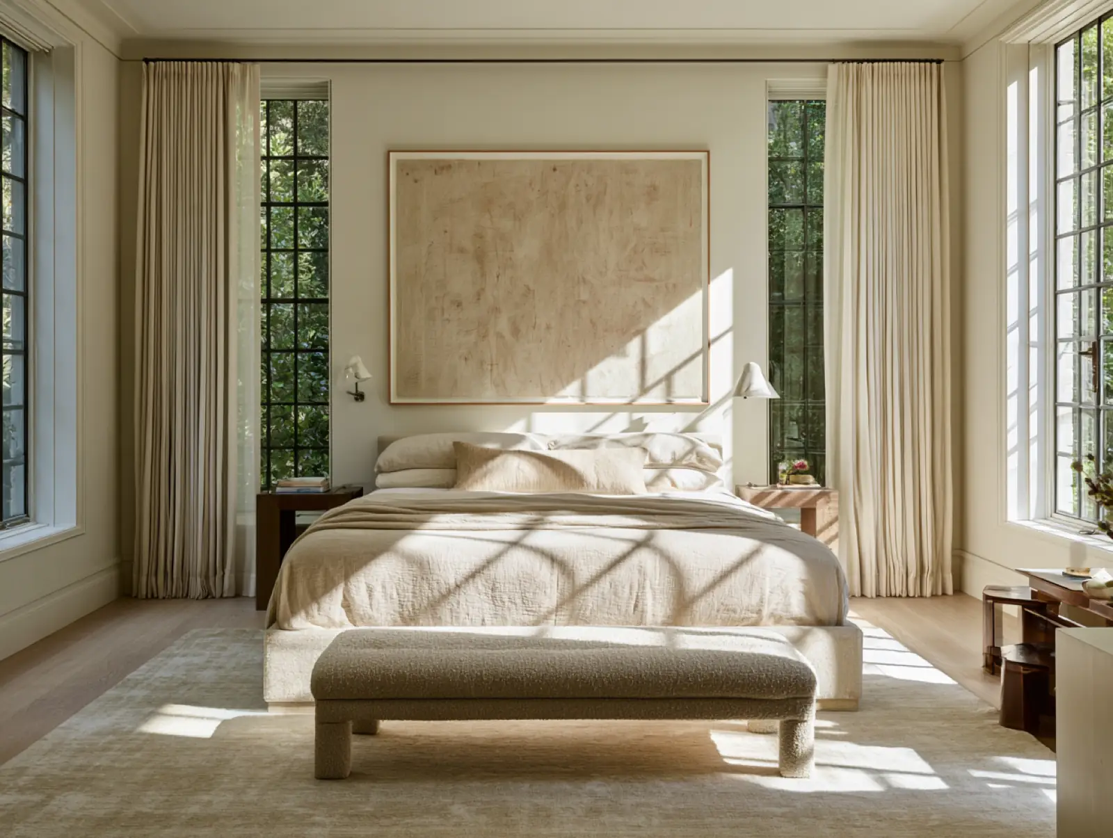 A white bedroom with tall windows and linen curtains in morning light