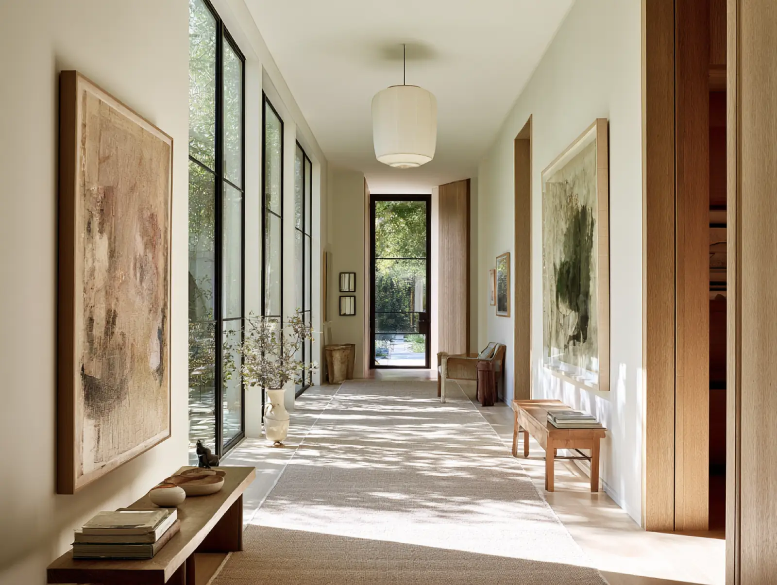 A hallway of tall doors, the garden beyond