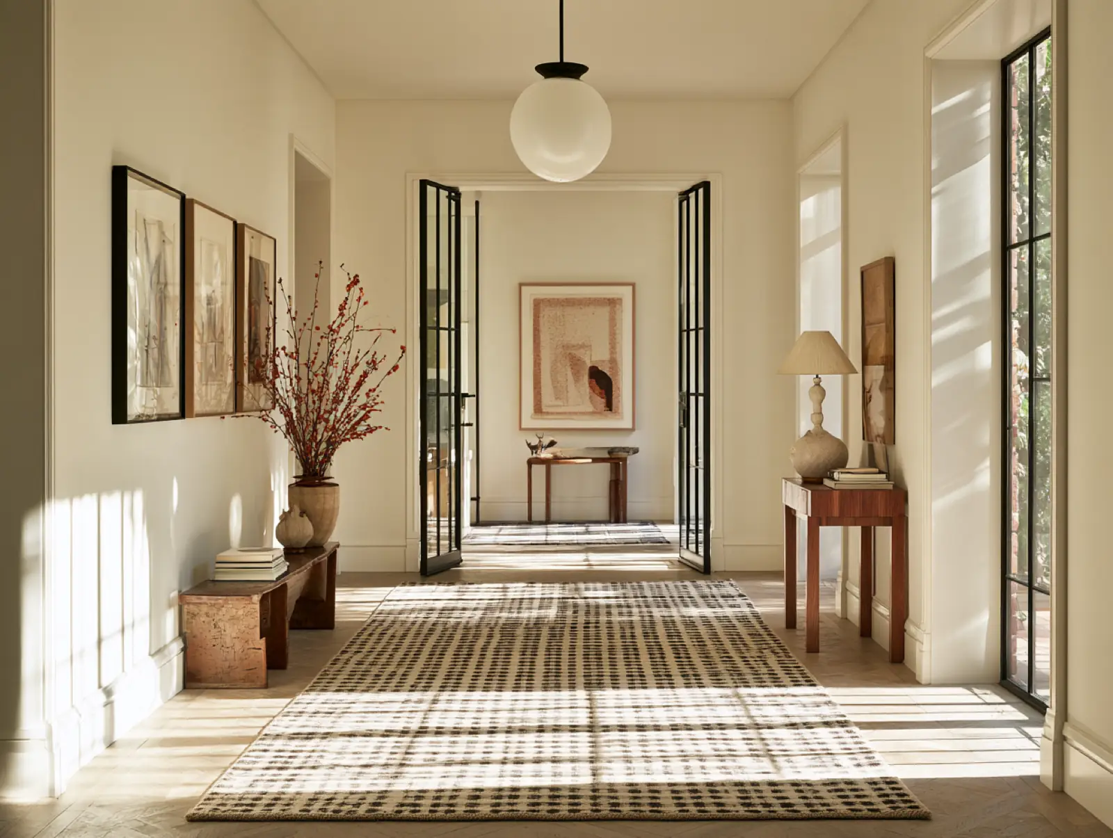 A white hall with the doors open to the garden