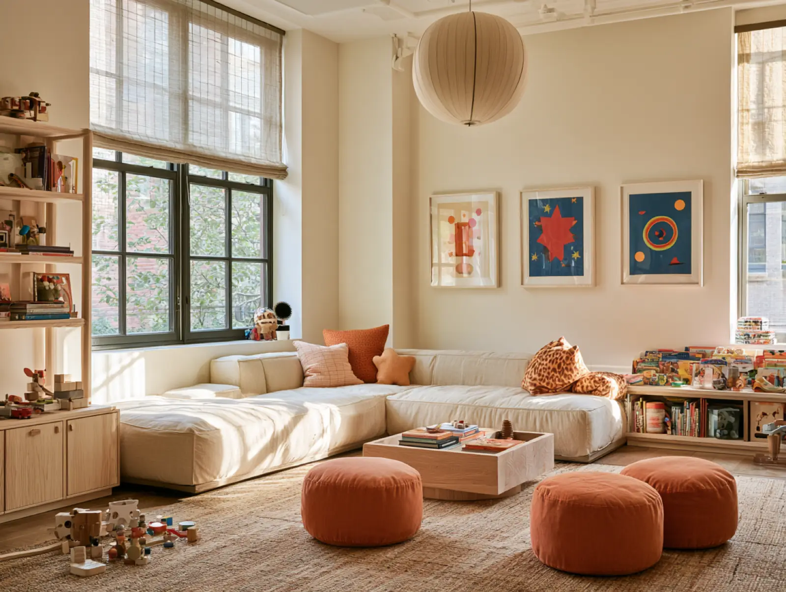 A family room, the toys out, the sun in