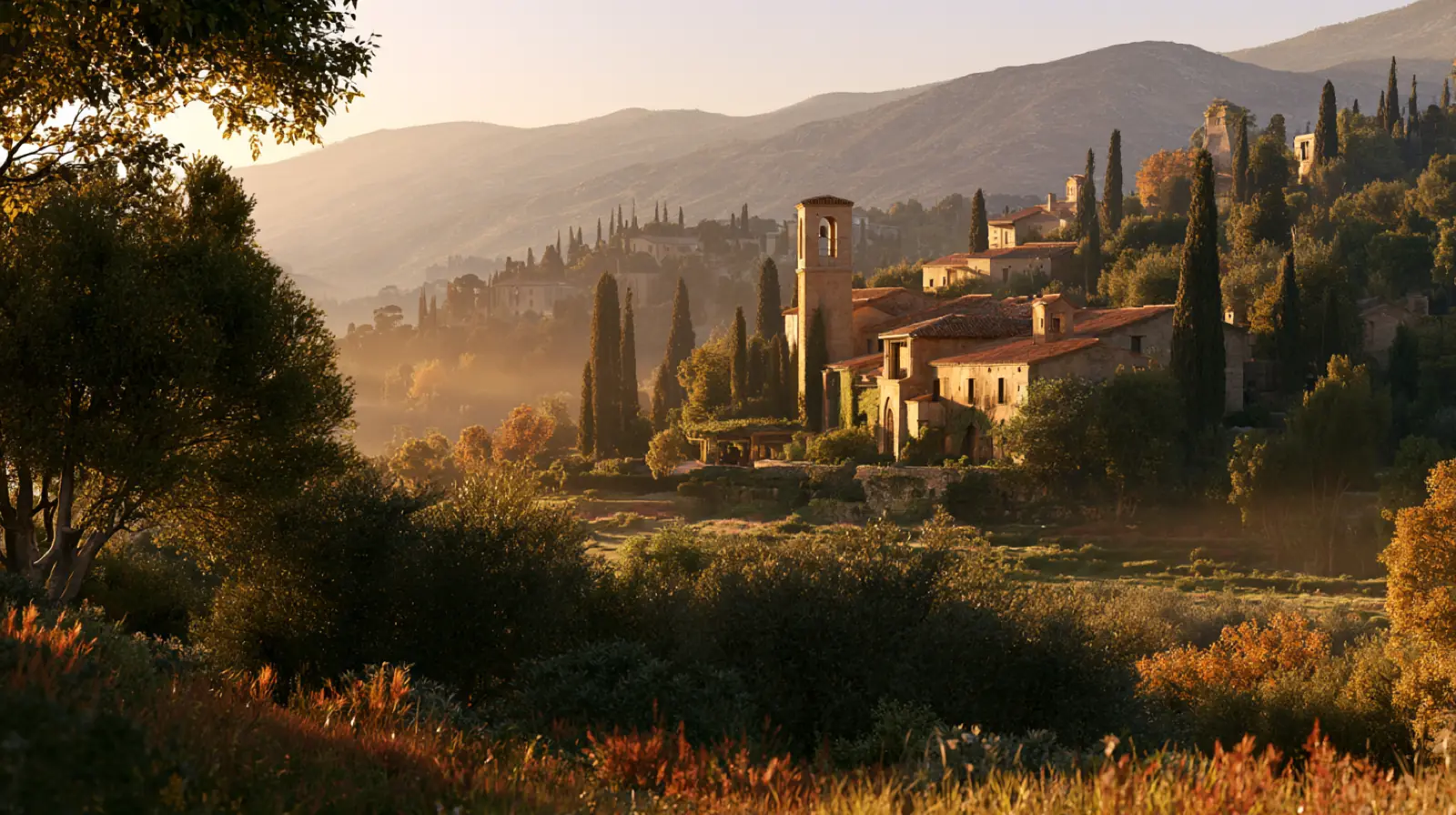 A house on a hillside at dusk, the valley below