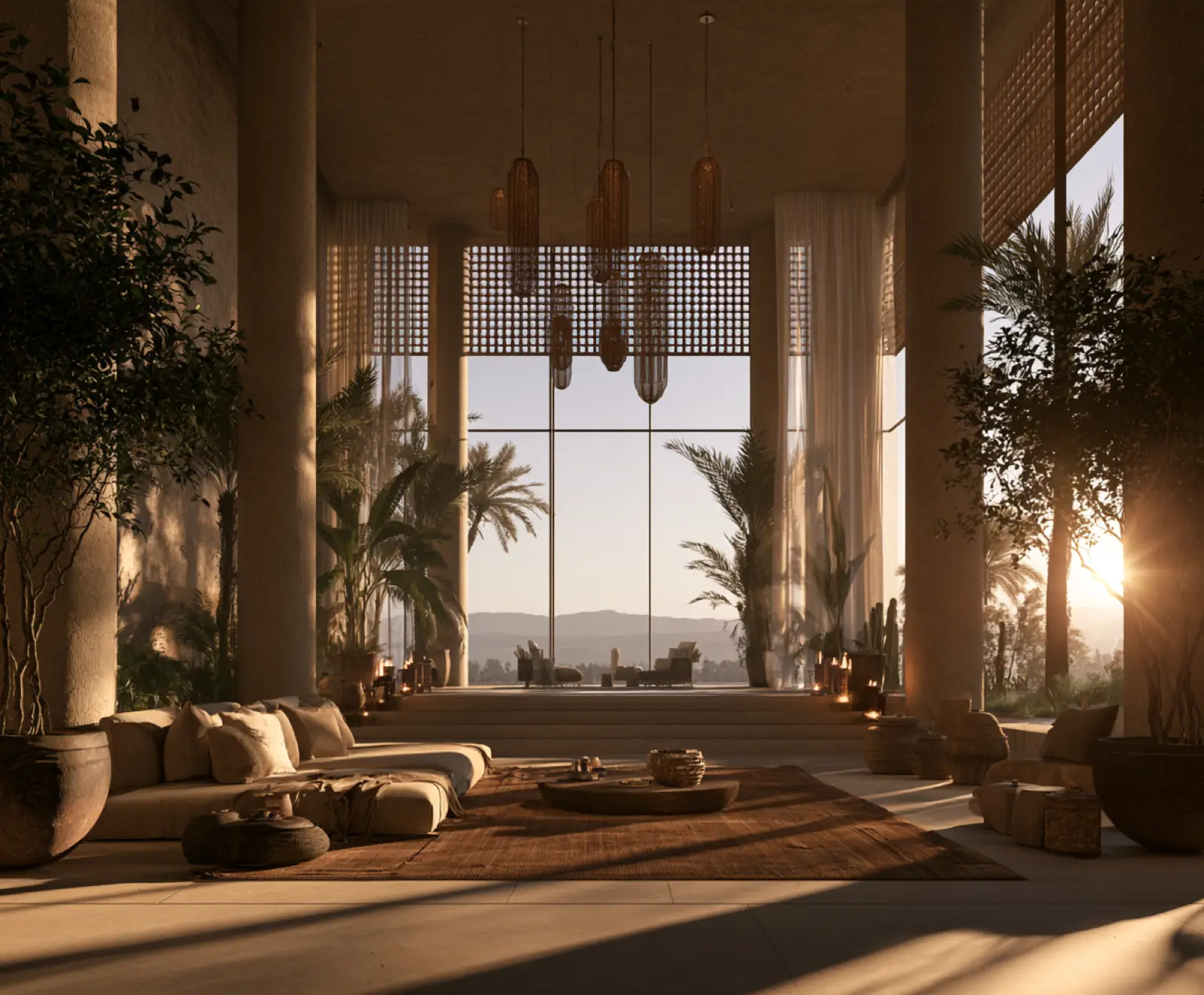 A lounge at the top of a tower, the sun going down