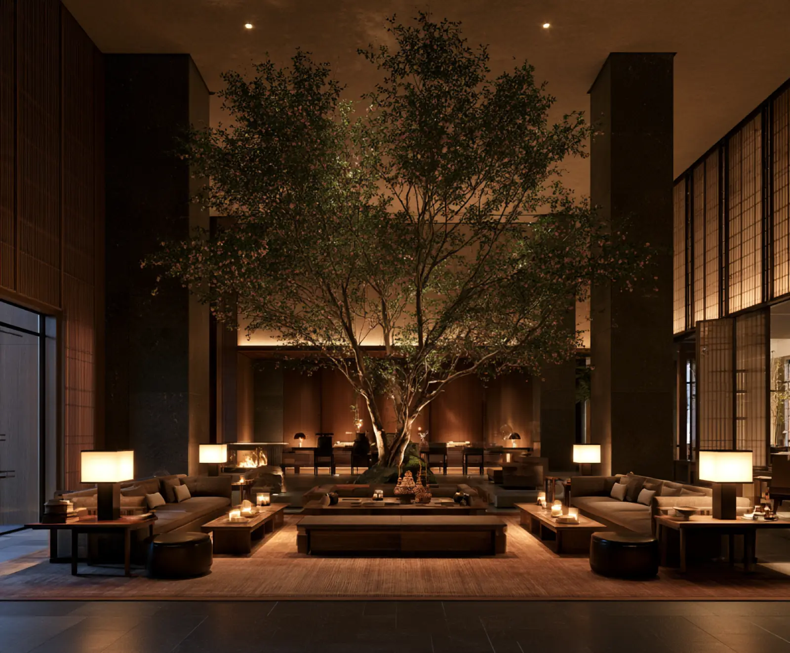 A restaurant room with trees and warm light