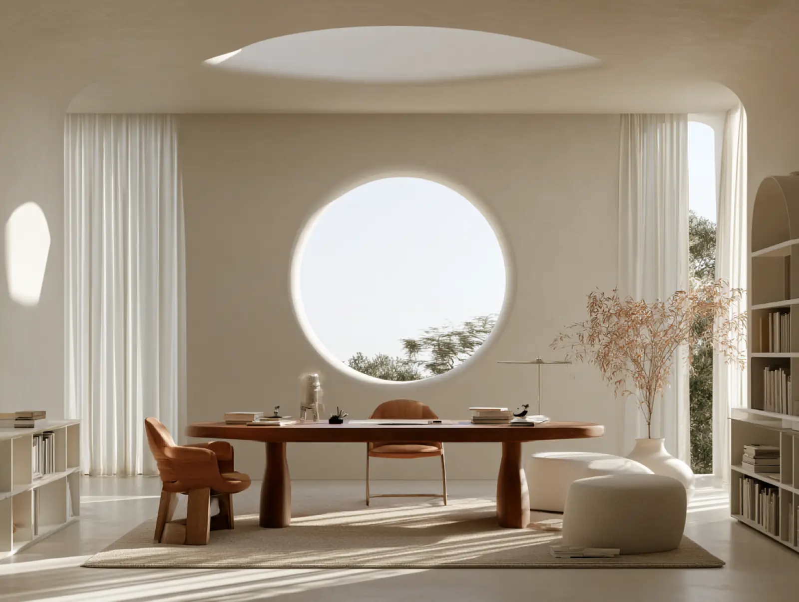 A dining room with a round window and a wooden table