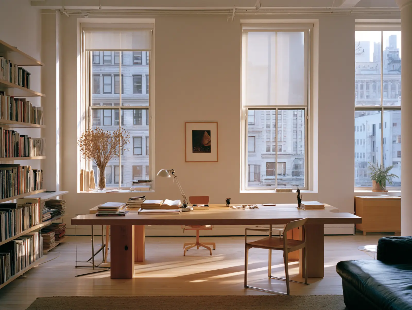 A study with a long wooden desk and bookshelves by tall windows