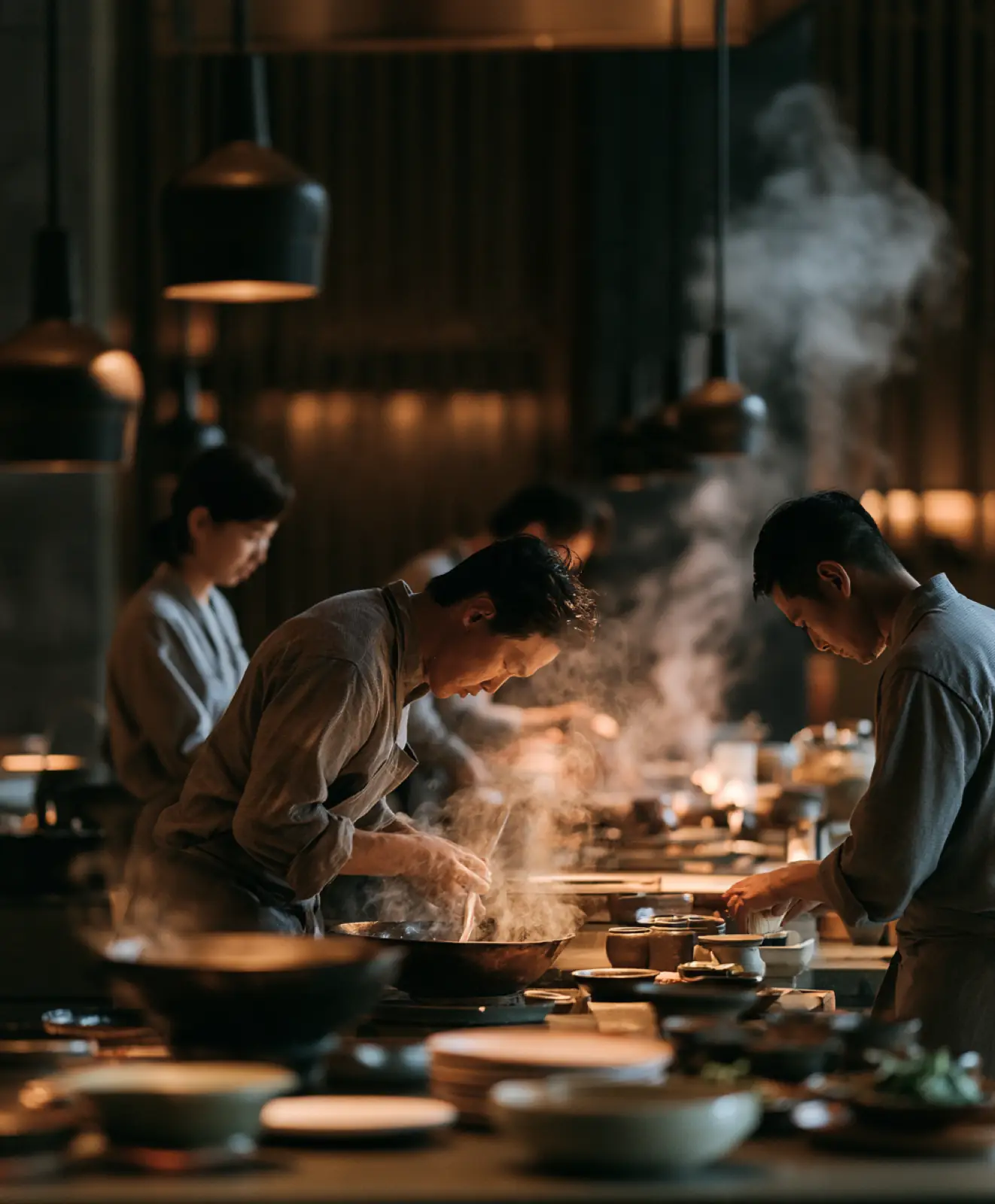 Cooks over a steaming pan in a dark kitchen