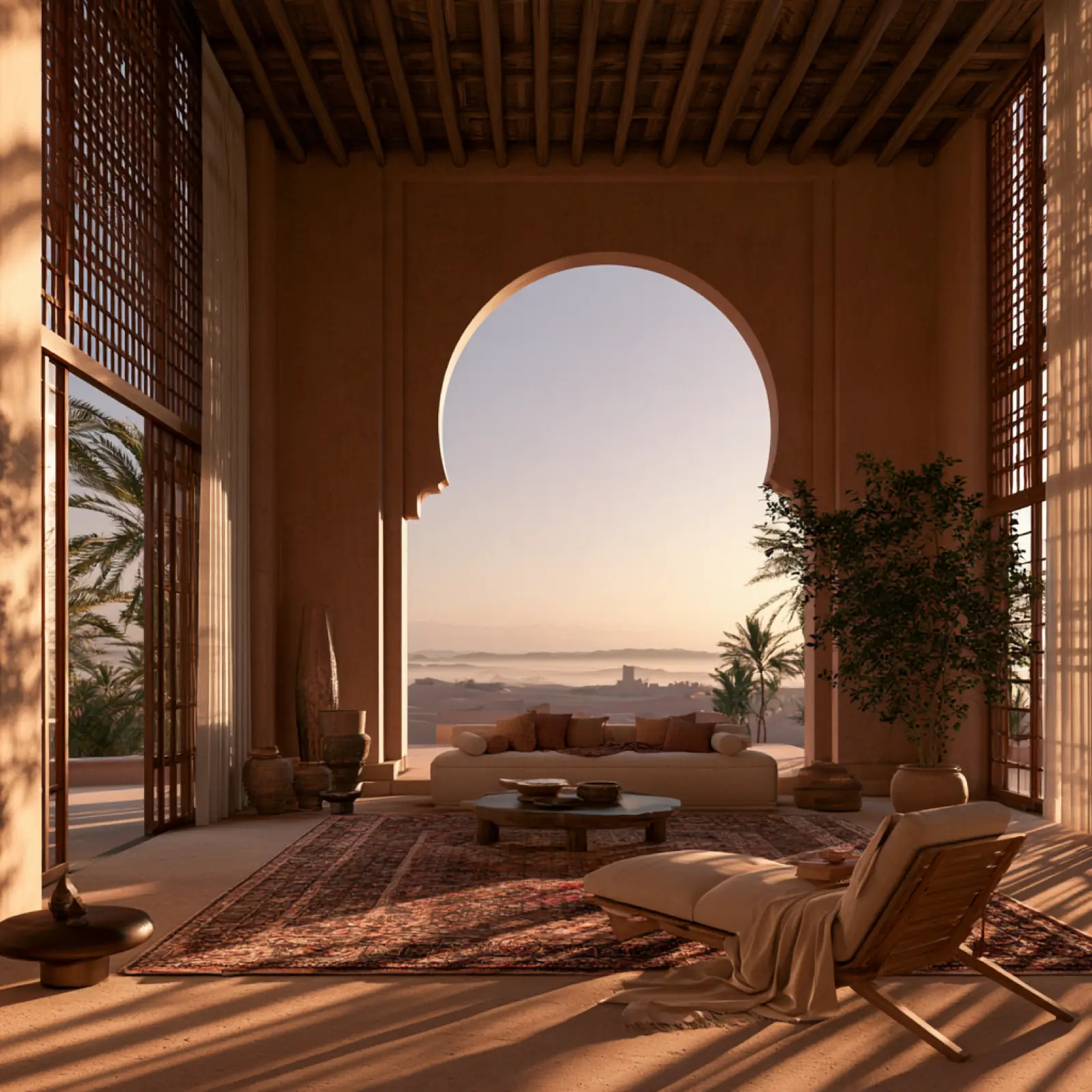 A room with an arched window over the sea