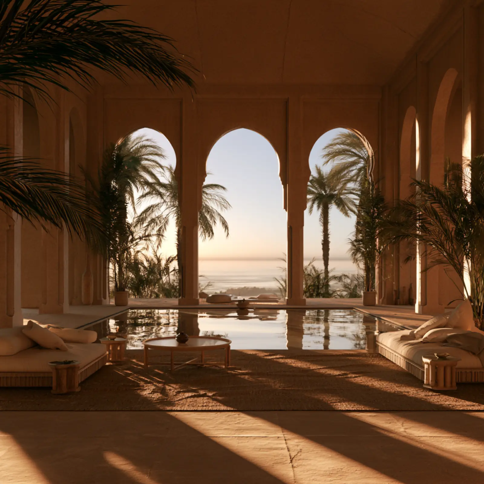An arcade of arches over a pool at dusk
