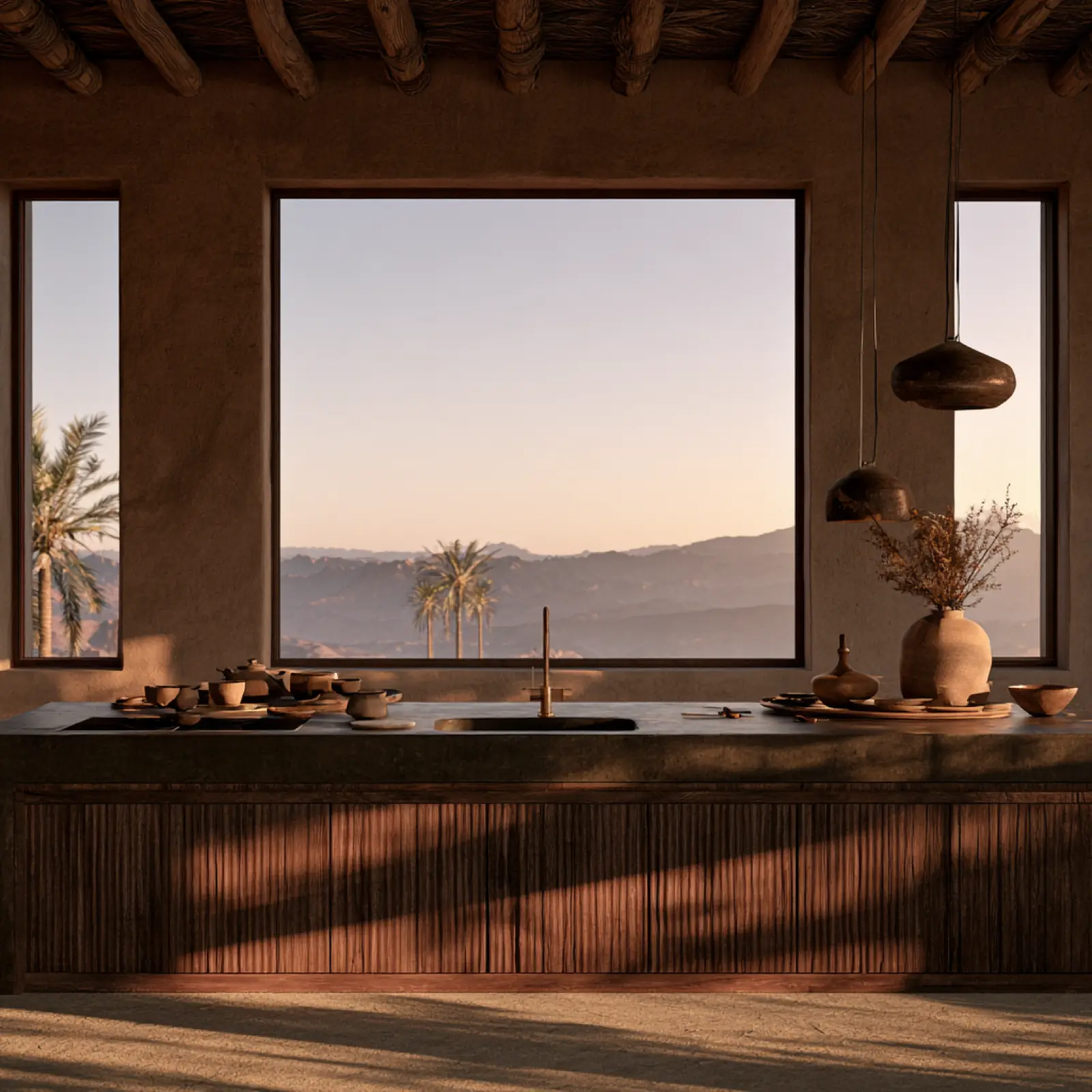 A kitchen with a wide window over the water