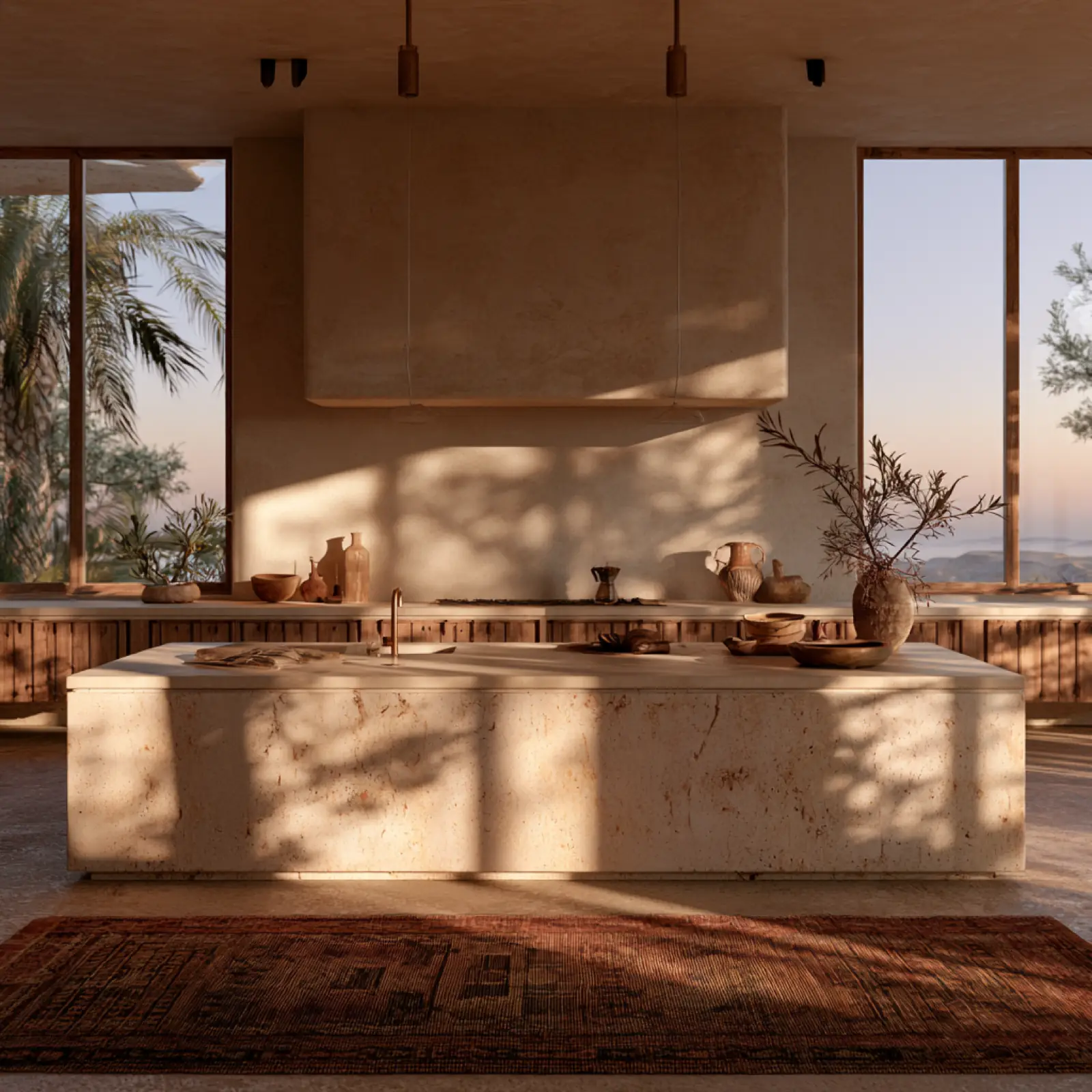 A kitchen with an arched window over the counter