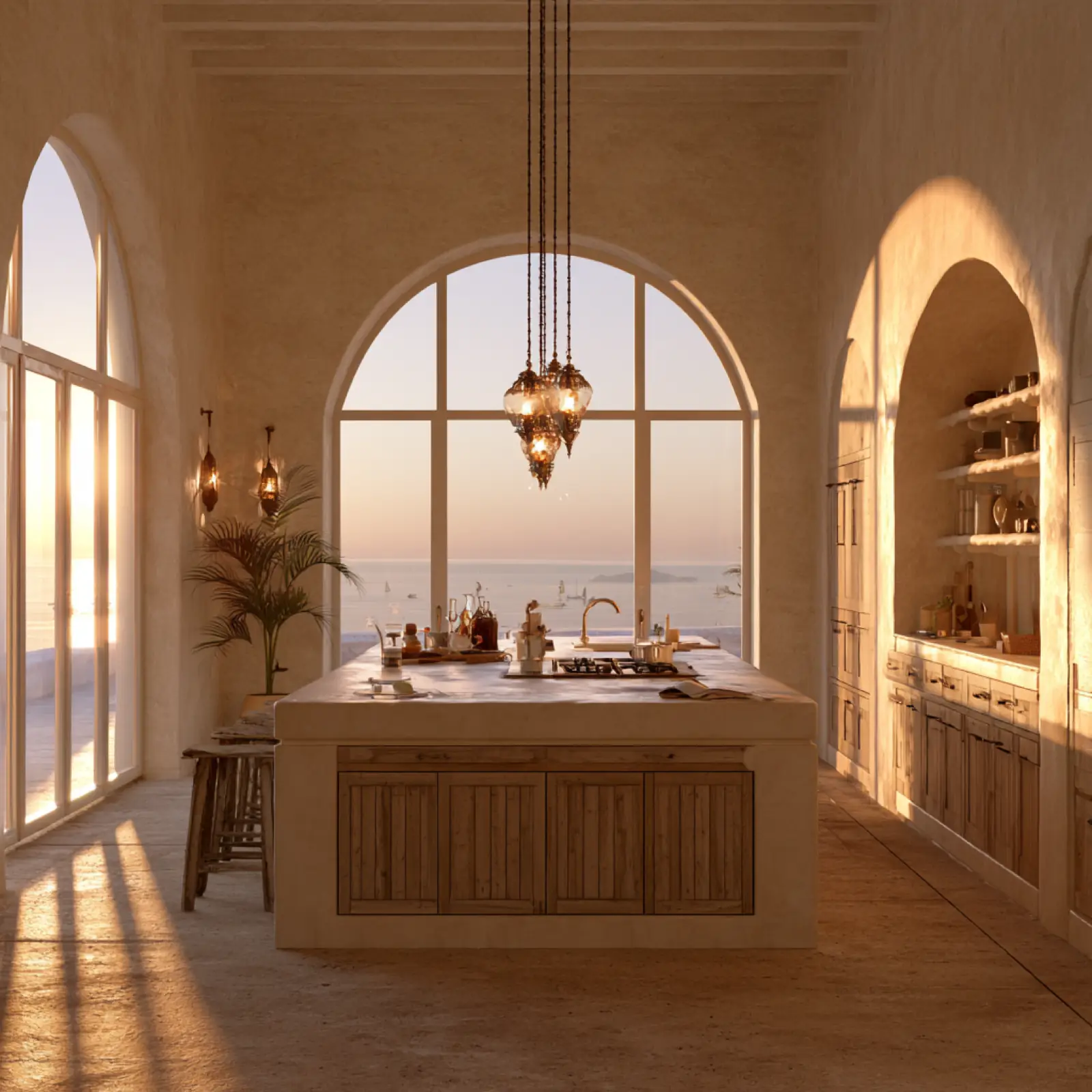 A round window over a table set for lunch