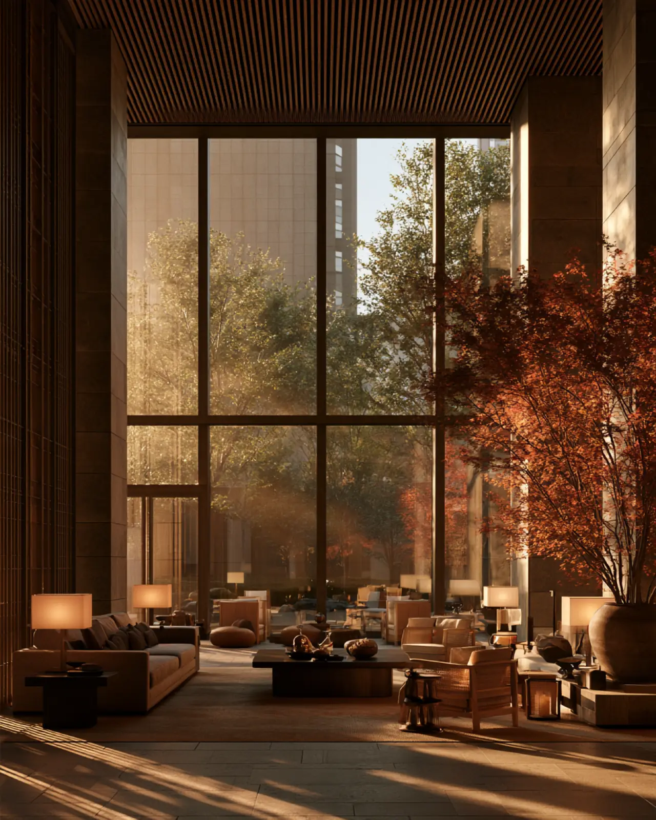 A tall window in a lounge, trees outside